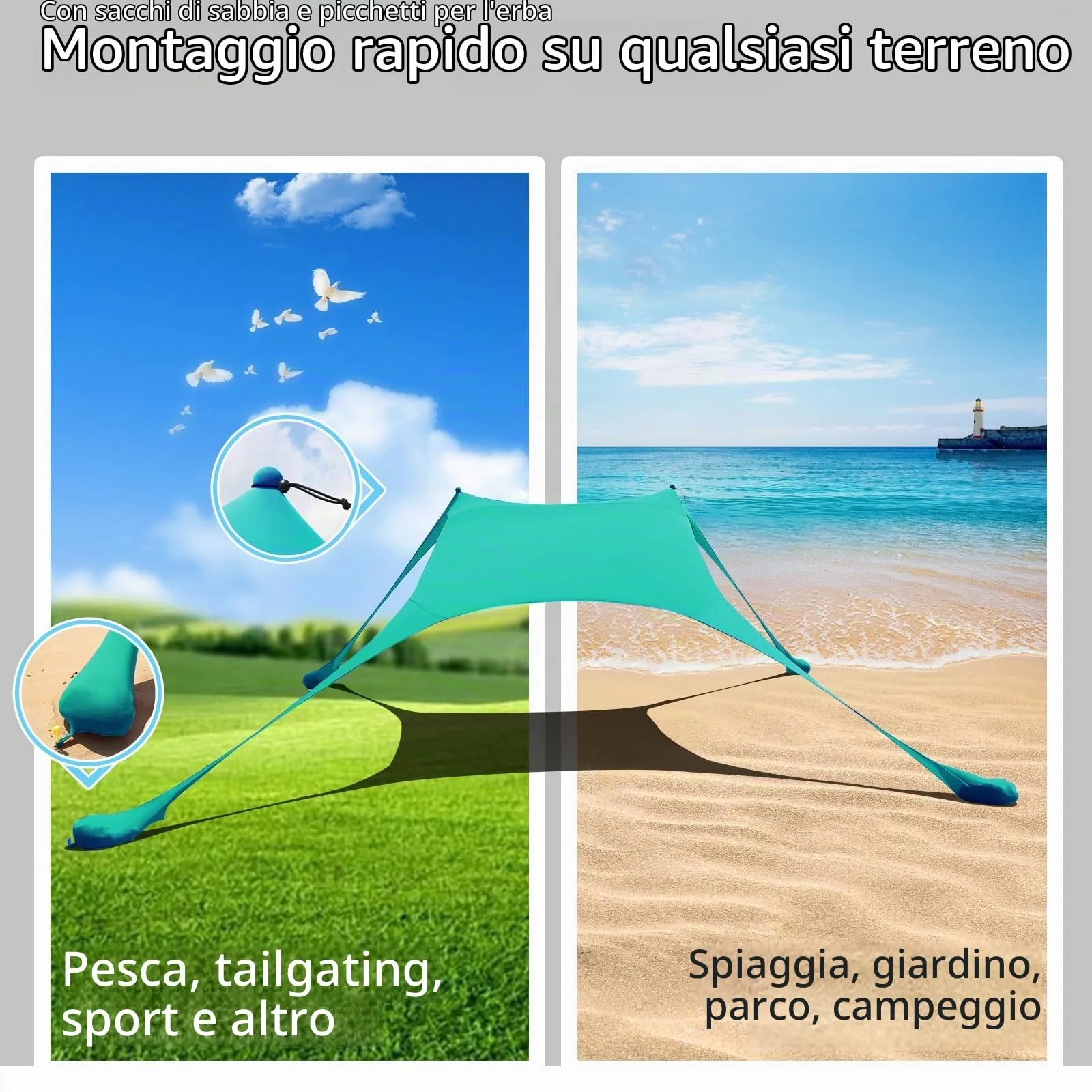 Cuupo Tenda da spiaggia pop-up in lycra, 2 x 2,1 m, SPF 50, turchese - immagine 6