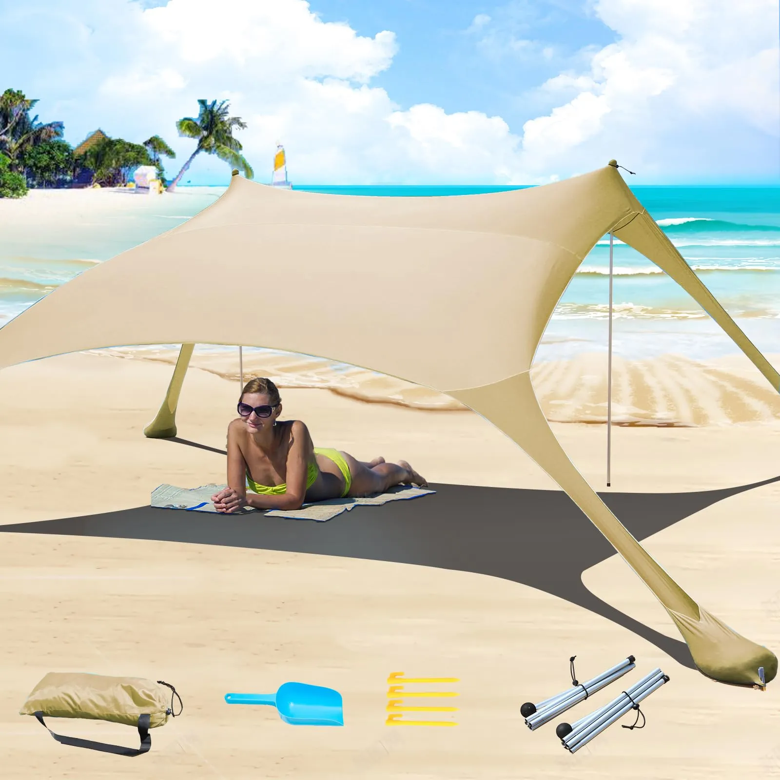 CUUPO Tenda da spiaggia pop-up in lycra, 2,1 x 2,1 m, SPF 50, colore cachi - immagine 1