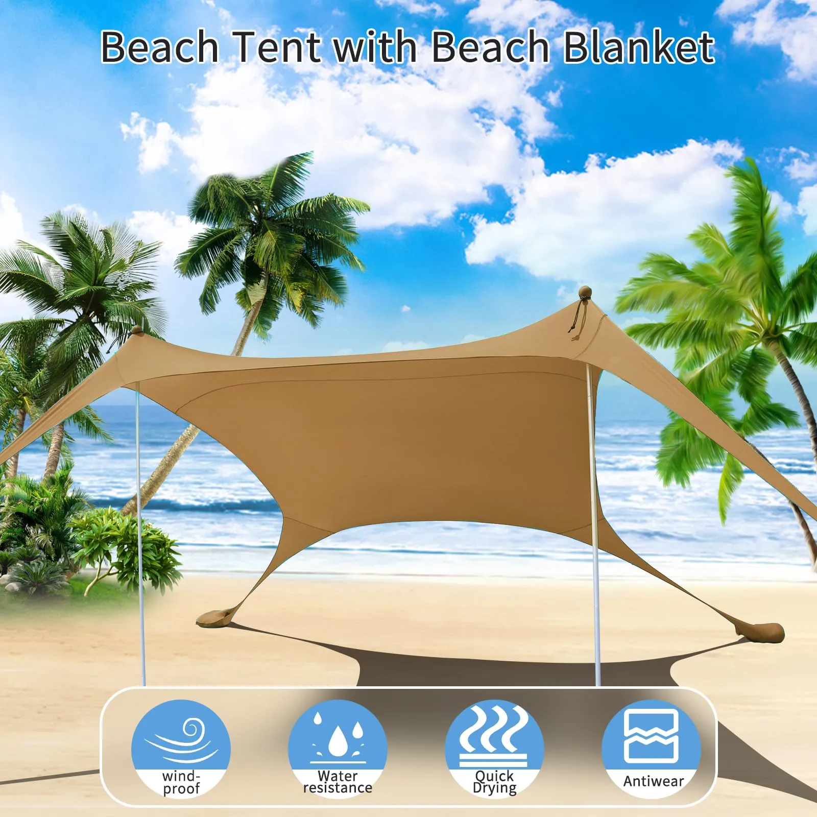 CUUPO Tenda da spiaggia pop-up in lycra, 2,1 x 2,1 m, SPF 50, colore cachi - immagine 2
