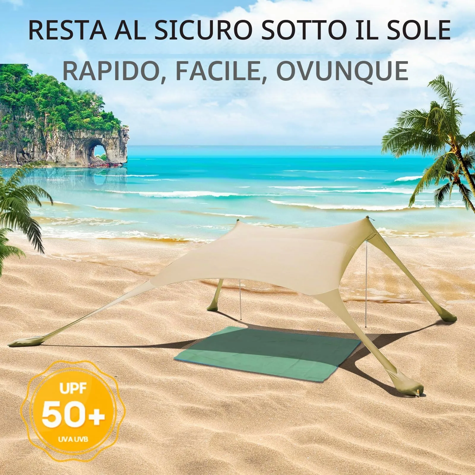 CUUPO Tenda da spiaggia pop-up in lycra, 2,1 x 2,1 m, SPF 50, colore cachi - immagine 3