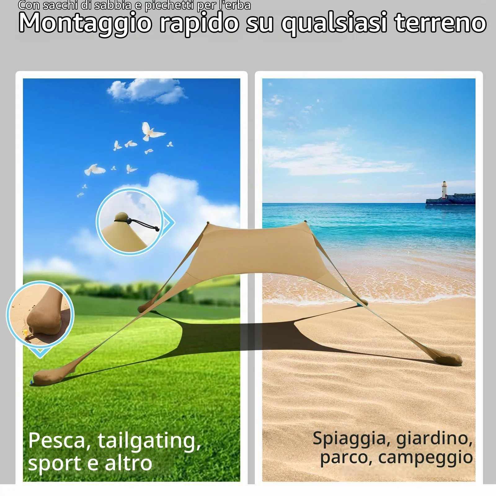 CUUPO Tenda da spiaggia pop-up in lycra, 2,1 x 2,1 m, SPF 50, colore cachi - immagine 5