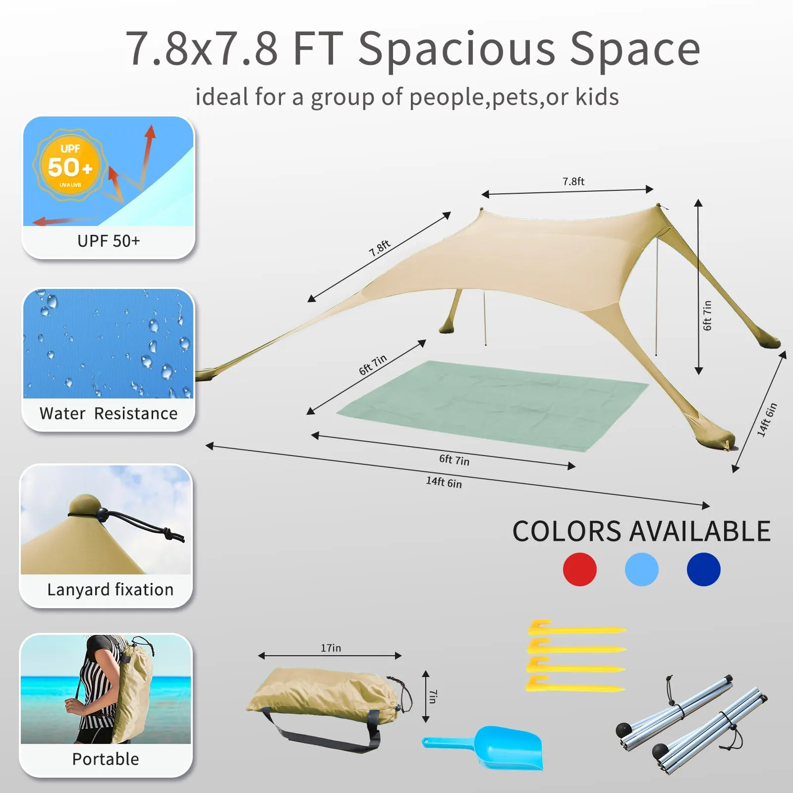 CUUPO Tenda da spiaggia pop-up in lycra, 2,1 x 2,1 m, SPF 50, colore cachi - immagine 6