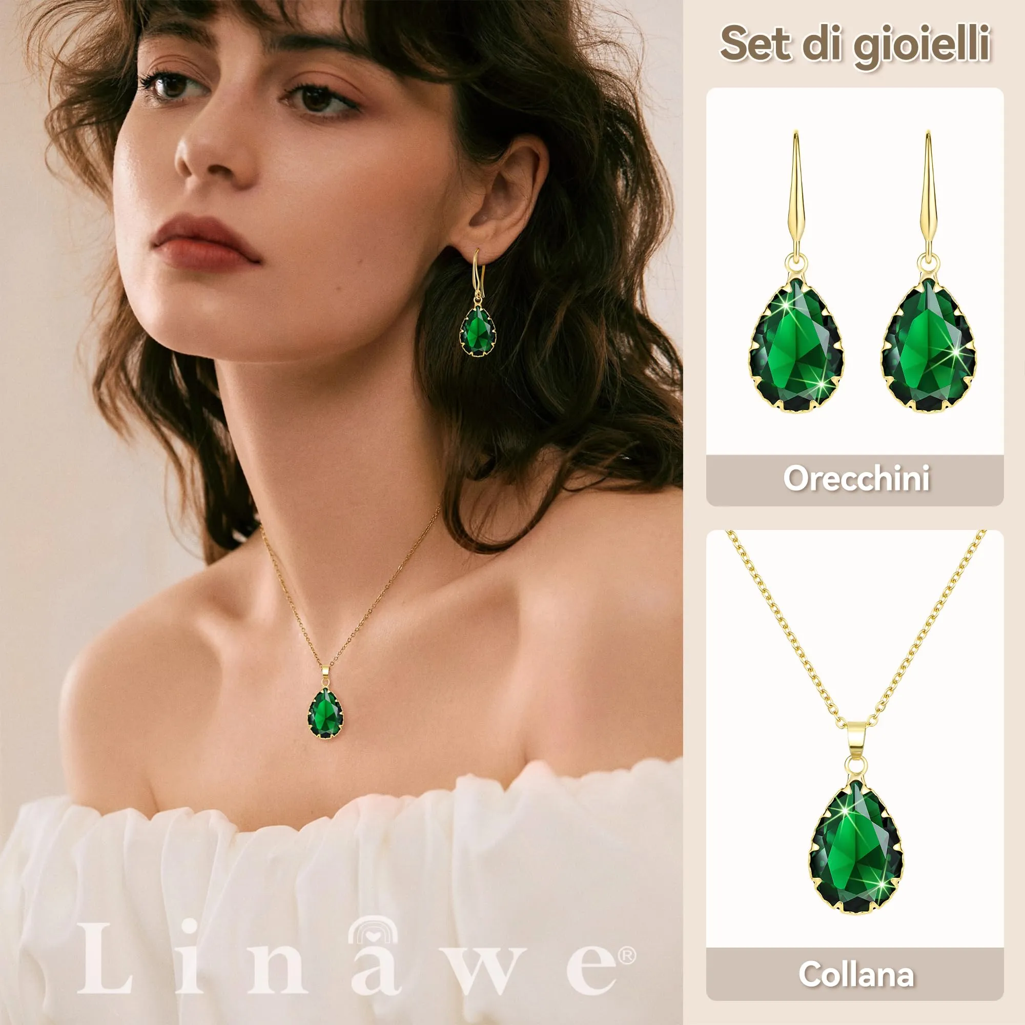 Linawe Set di gioielli verde smeraldo per donna, collana con ciondolo e orecchini pendenti in oro - immagine 2