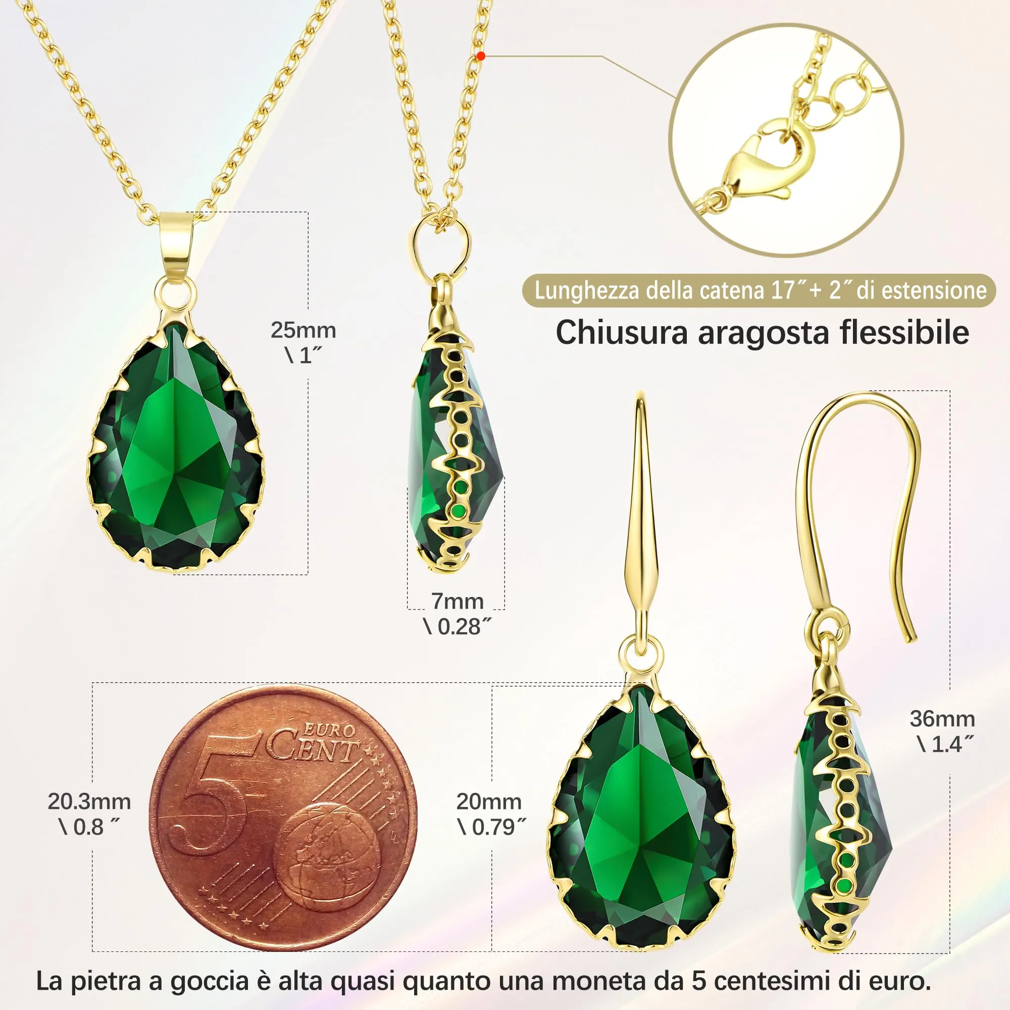 Linawe Set di gioielli verde smeraldo per donna, collana con ciondolo e orecchini pendenti in oro - immagine 4