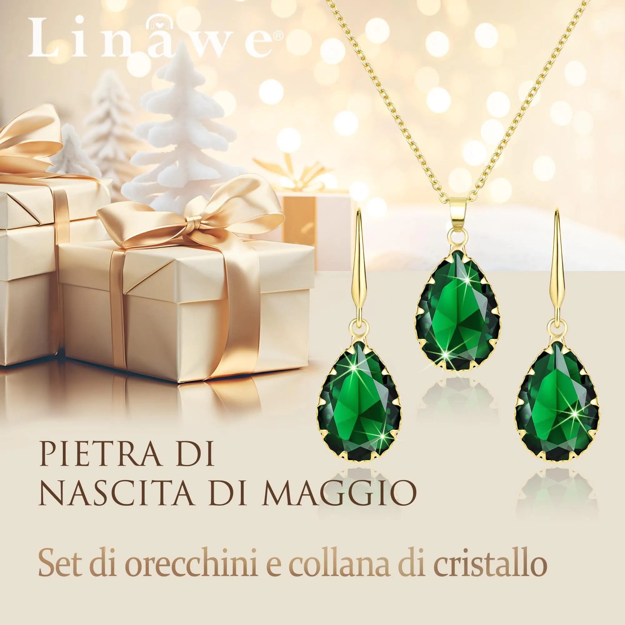 Linawe Set di gioielli verde smeraldo per donna, collana con ciondolo e orecchini pendenti in oro - immagine 5