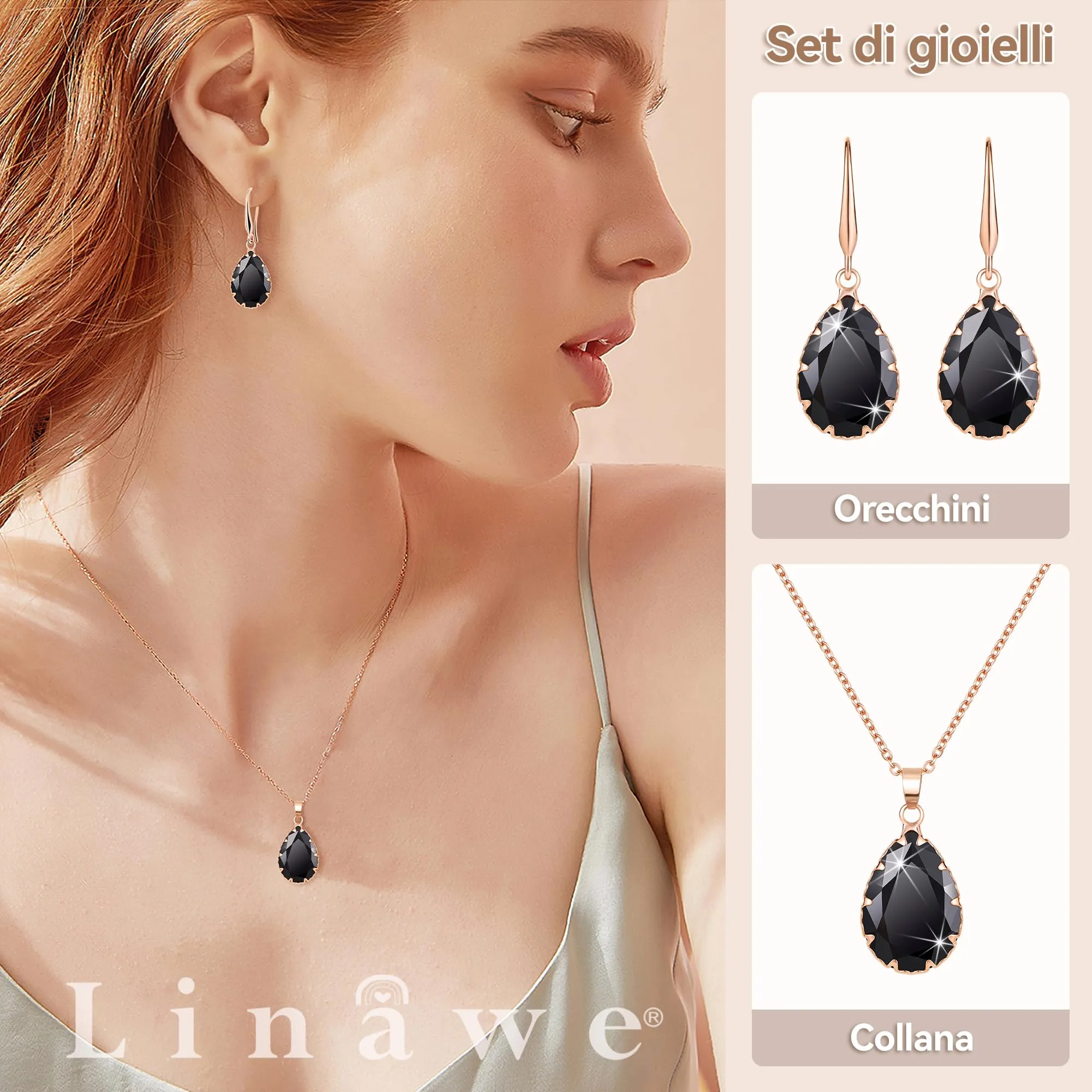 Linawe Set di gioielli collana e orecchini pendenti con ciondolo nero in oro rosa - immagine 2