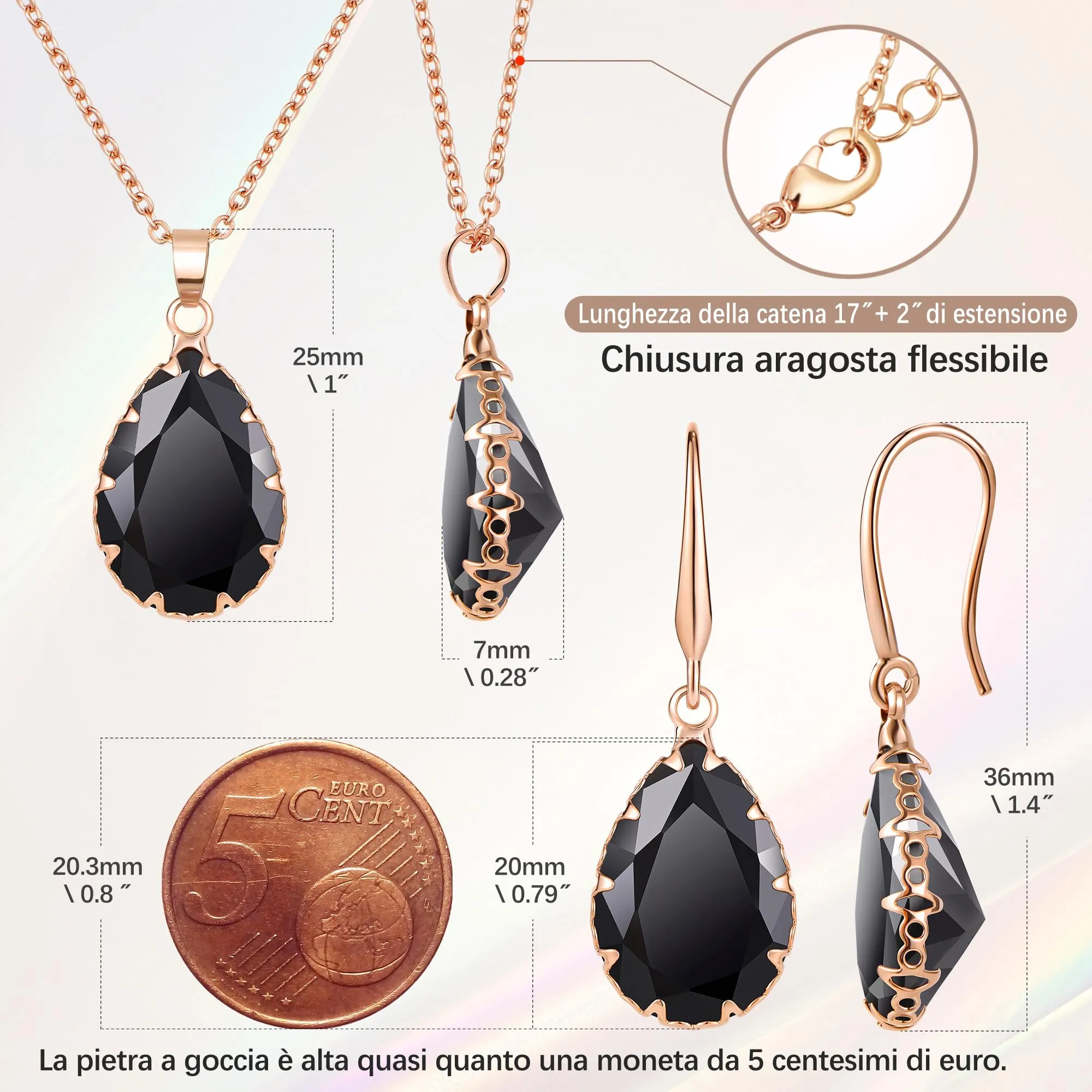 Linawe Set di gioielli collana e orecchini pendenti con ciondolo nero in oro rosa - immagine 4
