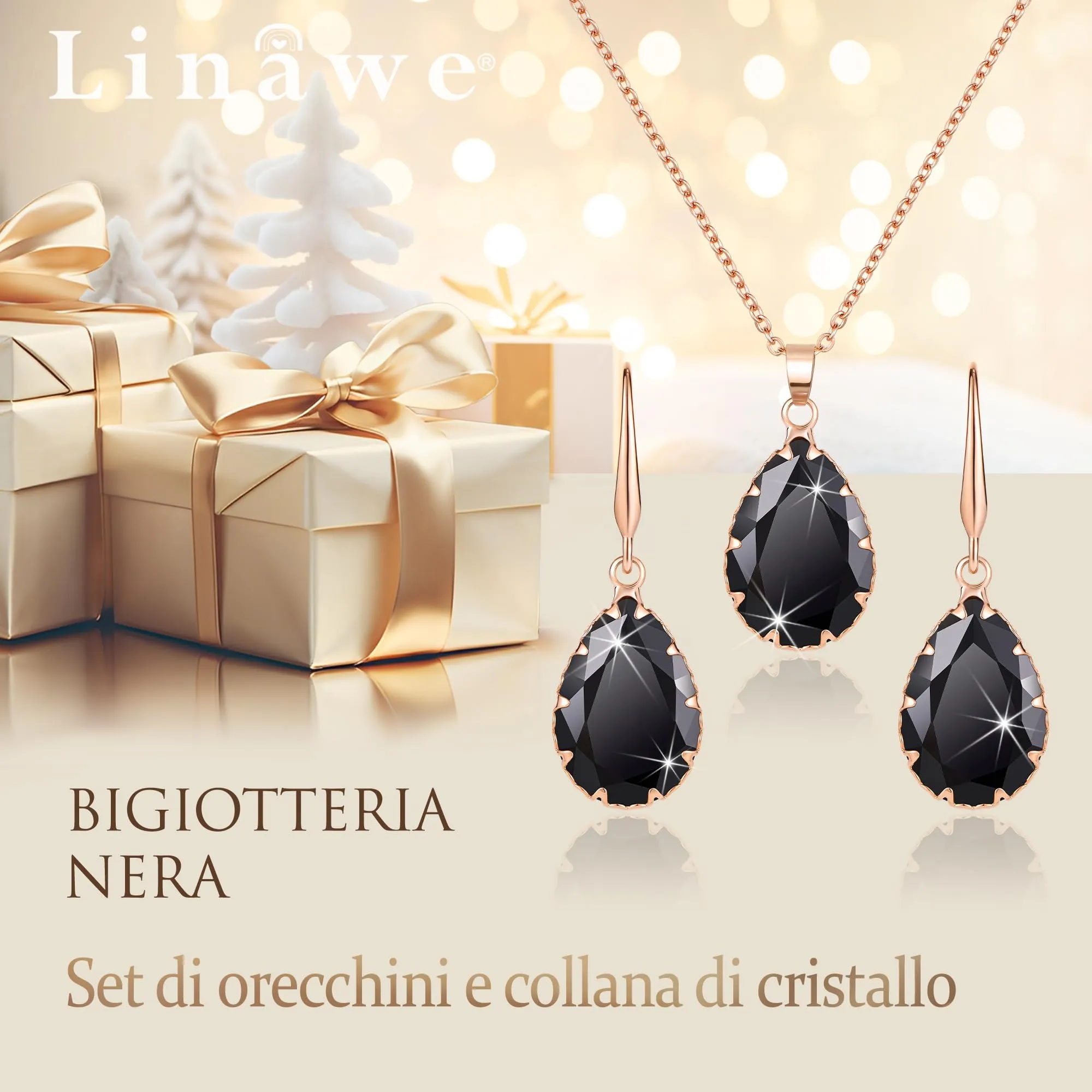 Linawe Set di gioielli collana e orecchini pendenti con ciondolo nero in oro rosa - immagine 5