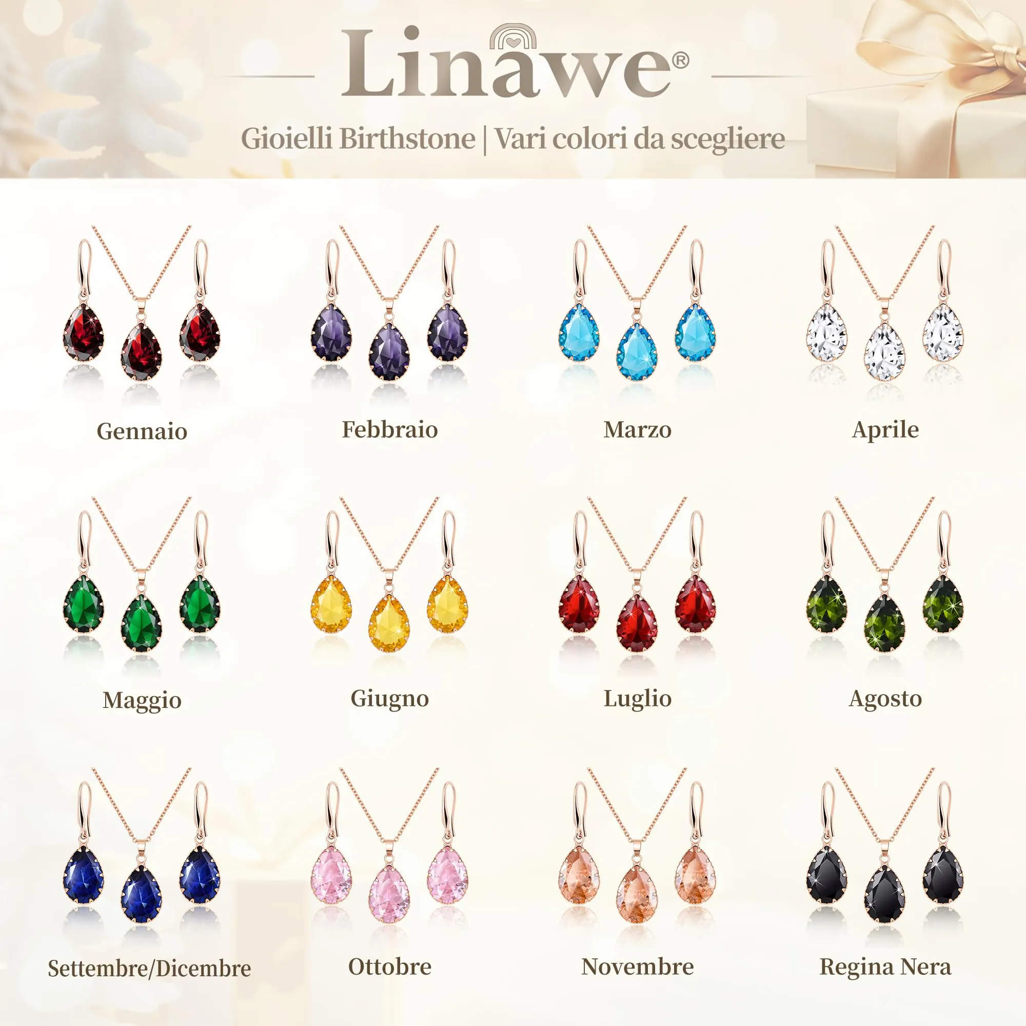 Linawe Set di gioielli collana e orecchini pendenti con ciondolo nero in oro rosa - immagine 6