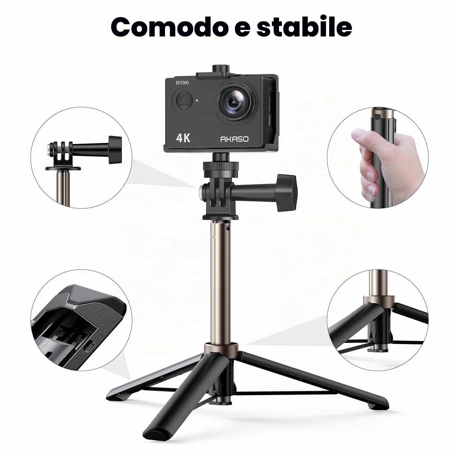 AKASO EK7000 Action Cam 4K 30FPS con Treppiede Selfie e Custodia - immagine 6