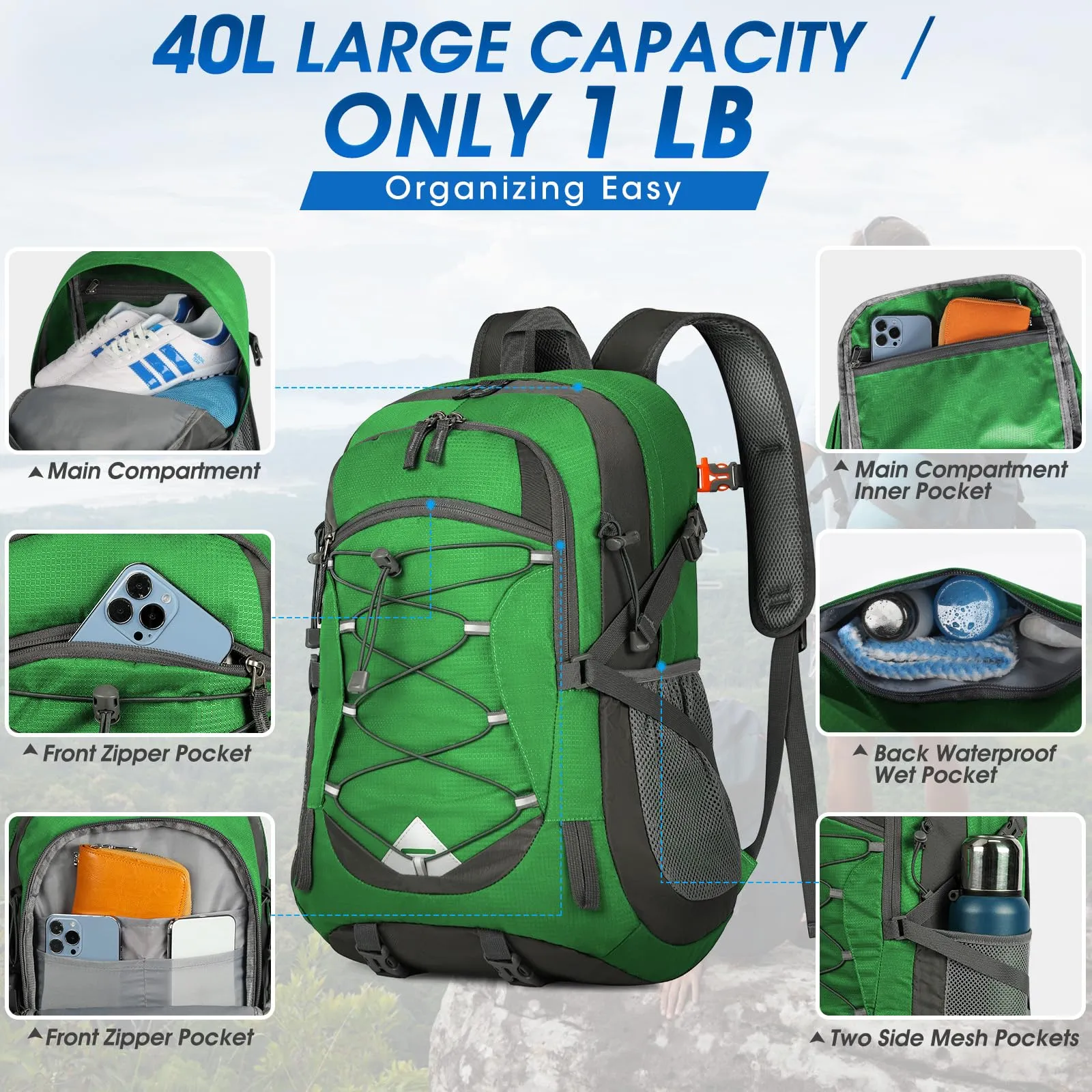 IGOLUMON Zaino Trekking 40 Litri Ultraleggero Pieghevole Impermeabile con Strisce Riflettenti - immagine 5