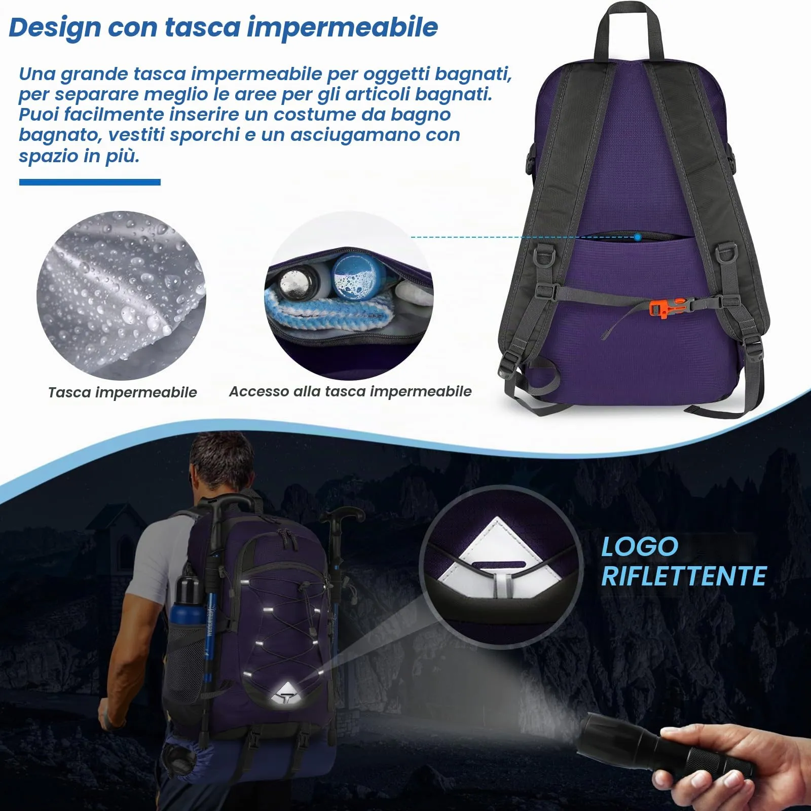 IGOLUMON Zaino Trekking 40L Ultraleggero Pieghevole Impermeabile con Strisce Riflettenti - immagine 3