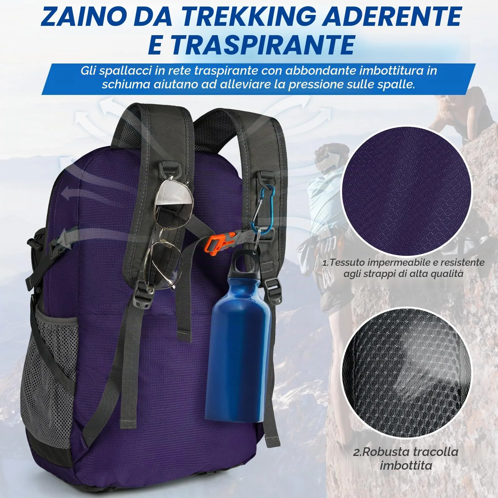 IGOLUMON Zaino Trekking 40L Ultraleggero Pieghevole Impermeabile con Strisce Riflettenti - immagine 4