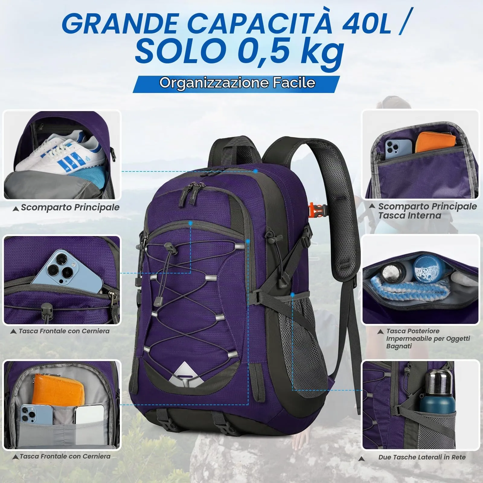 IGOLUMON Zaino Trekking 40L Ultraleggero Pieghevole Impermeabile con Strisce Riflettenti - immagine 5