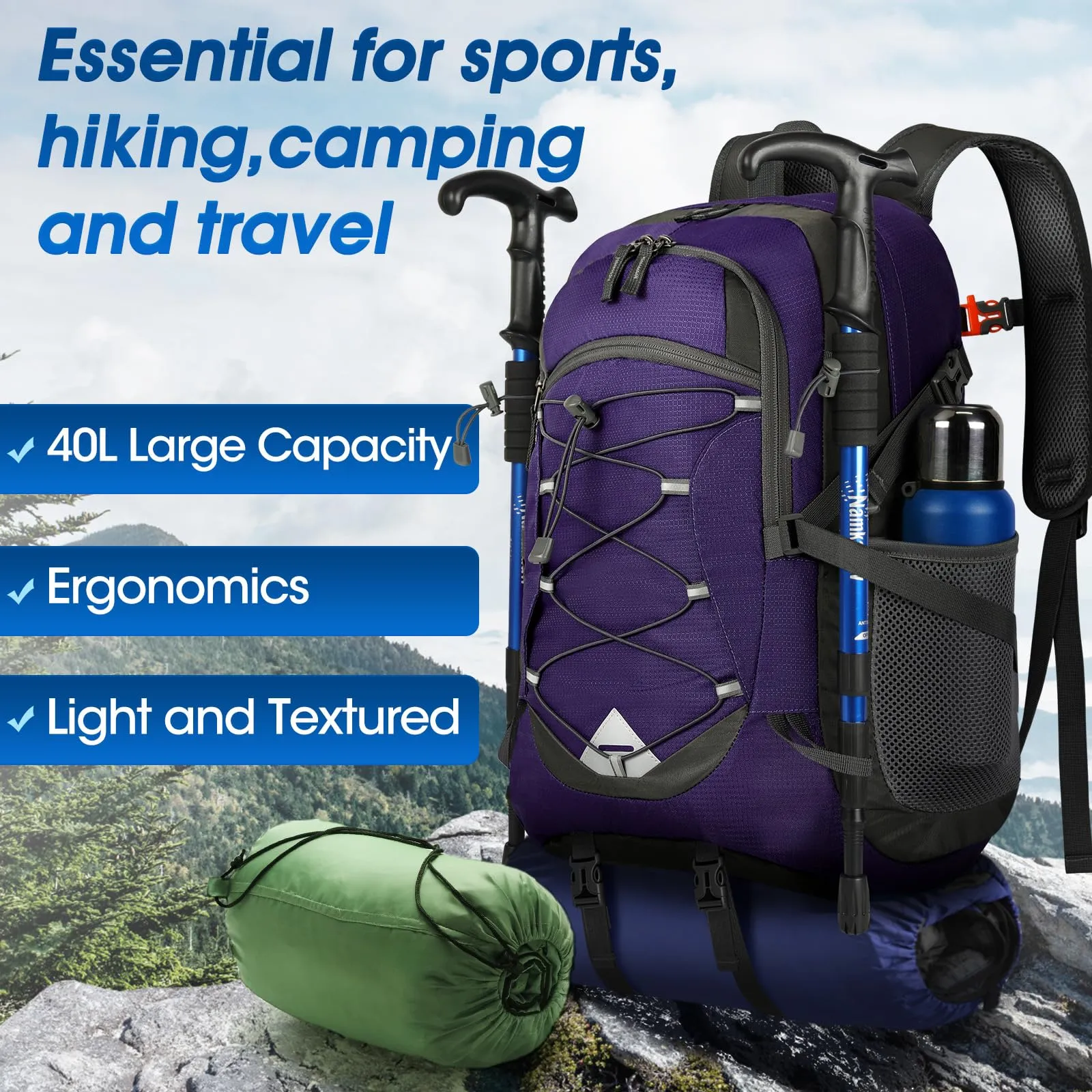 IGOLUMON Zaino Trekking 40L Ultraleggero Pieghevole Impermeabile con Strisce Riflettenti - immagine 7