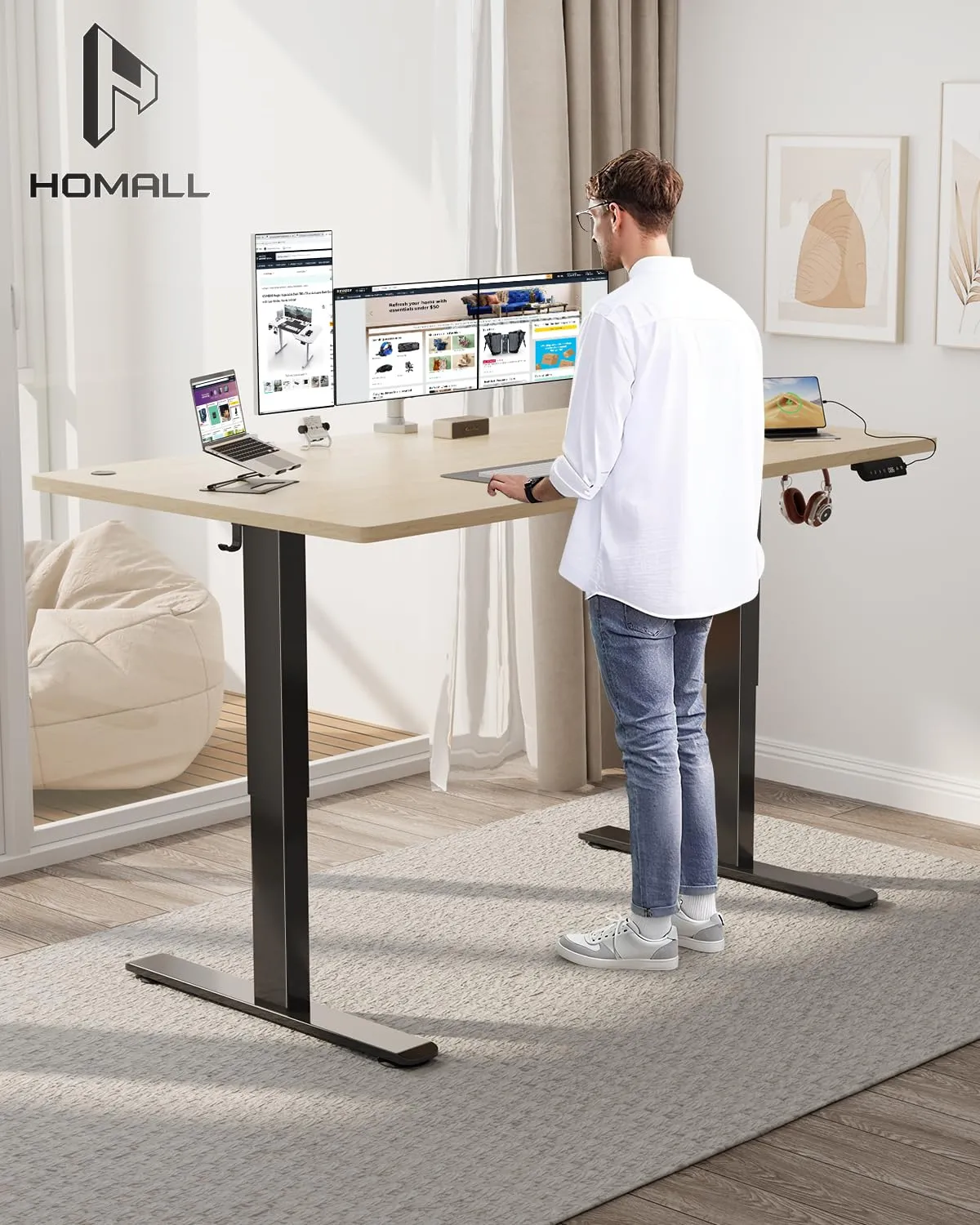 Homall Scrivania Regolabile in Altezza 160x80 cm con Porta USB, Beige+Nero - immagine 2