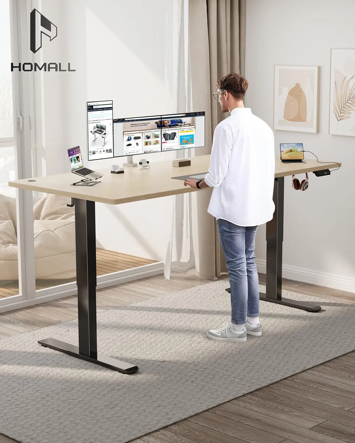 Homall Scrivania Regolabile in Altezza 180x80 cm con Porta USB, Beige+Nero - immagine 2
