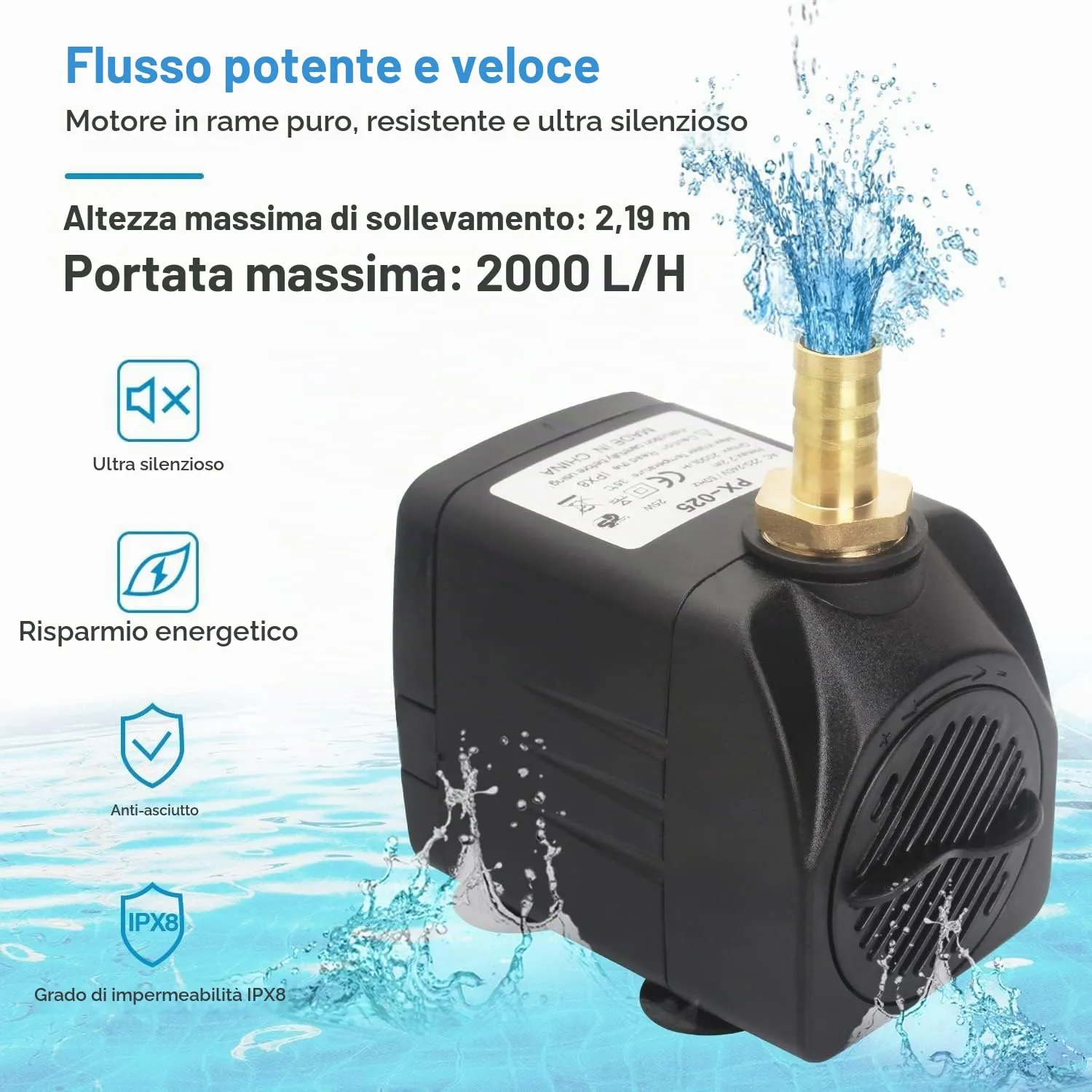Lnicez Pompa Acqua Sommergibile PX-025L, 2000L/H 25W con 12 Luci LED Colorate per Acquario, Fontana, Terrario e Stagno - immagine 2