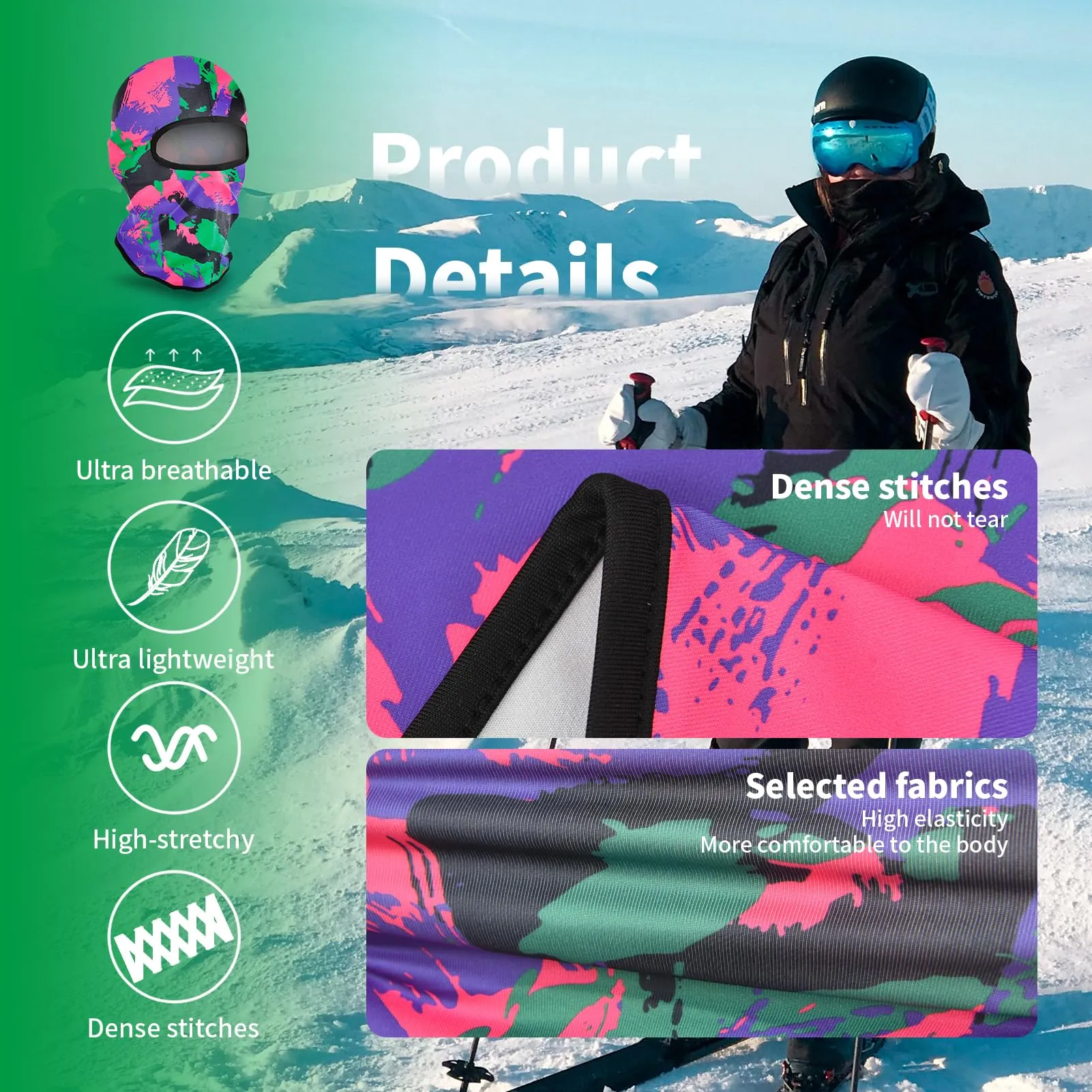 LONGKING Passamontagna Balaclava Unisex, Protezione UV e Antivento per Sci, Motociclismo e Sport all'Aria Aperta, Camo Viola - immagine 2