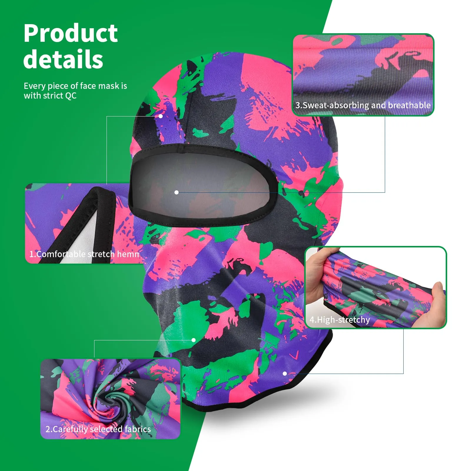 LONGKING Passamontagna Balaclava Unisex, Protezione UV e Antivento per Sci, Motociclismo e Sport all'Aria Aperta, Camo Viola - immagine 3