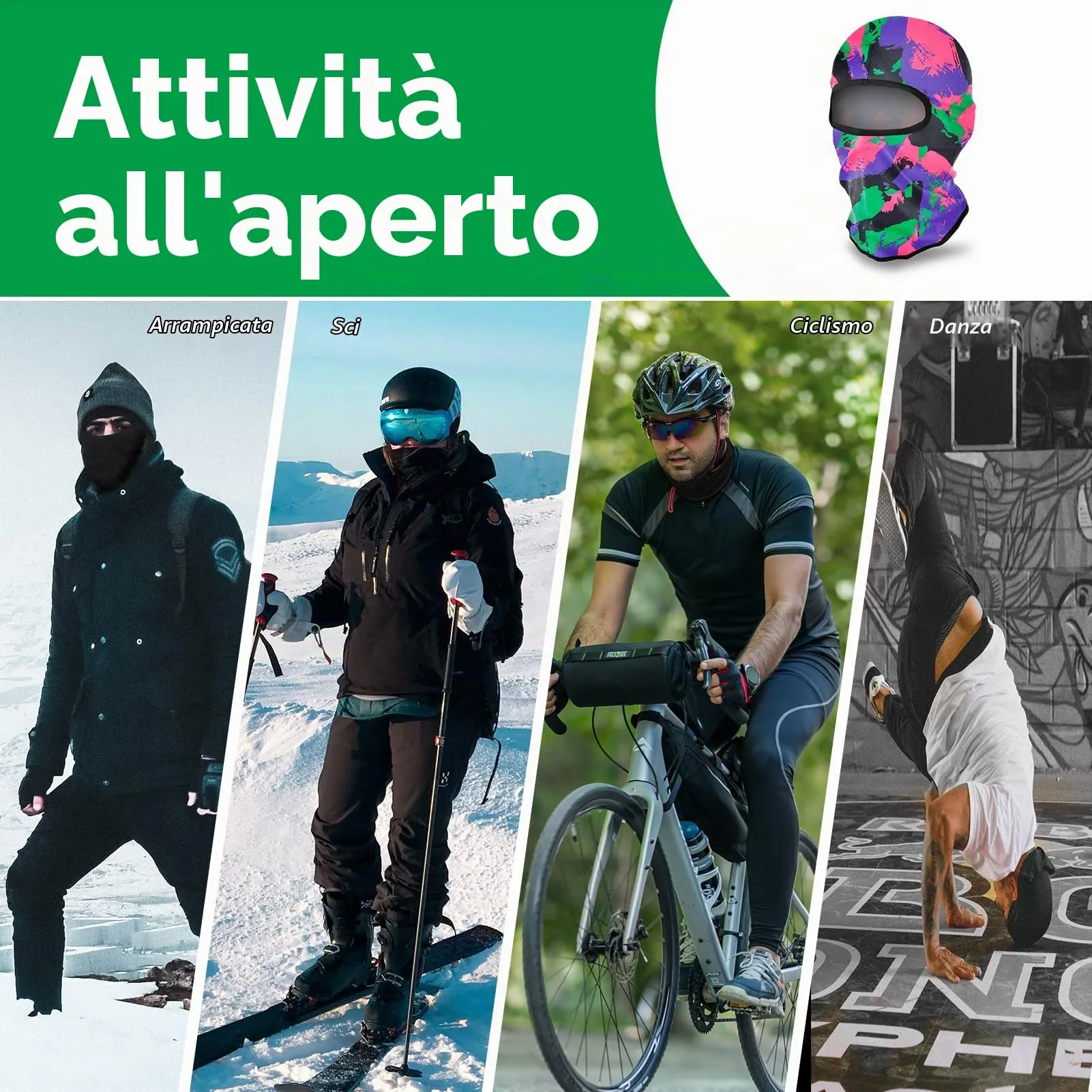 LONGKING Passamontagna Balaclava Unisex, Protezione UV e Antivento per Sci, Motociclismo e Sport all'Aria Aperta, Camo Viola - immagine 7