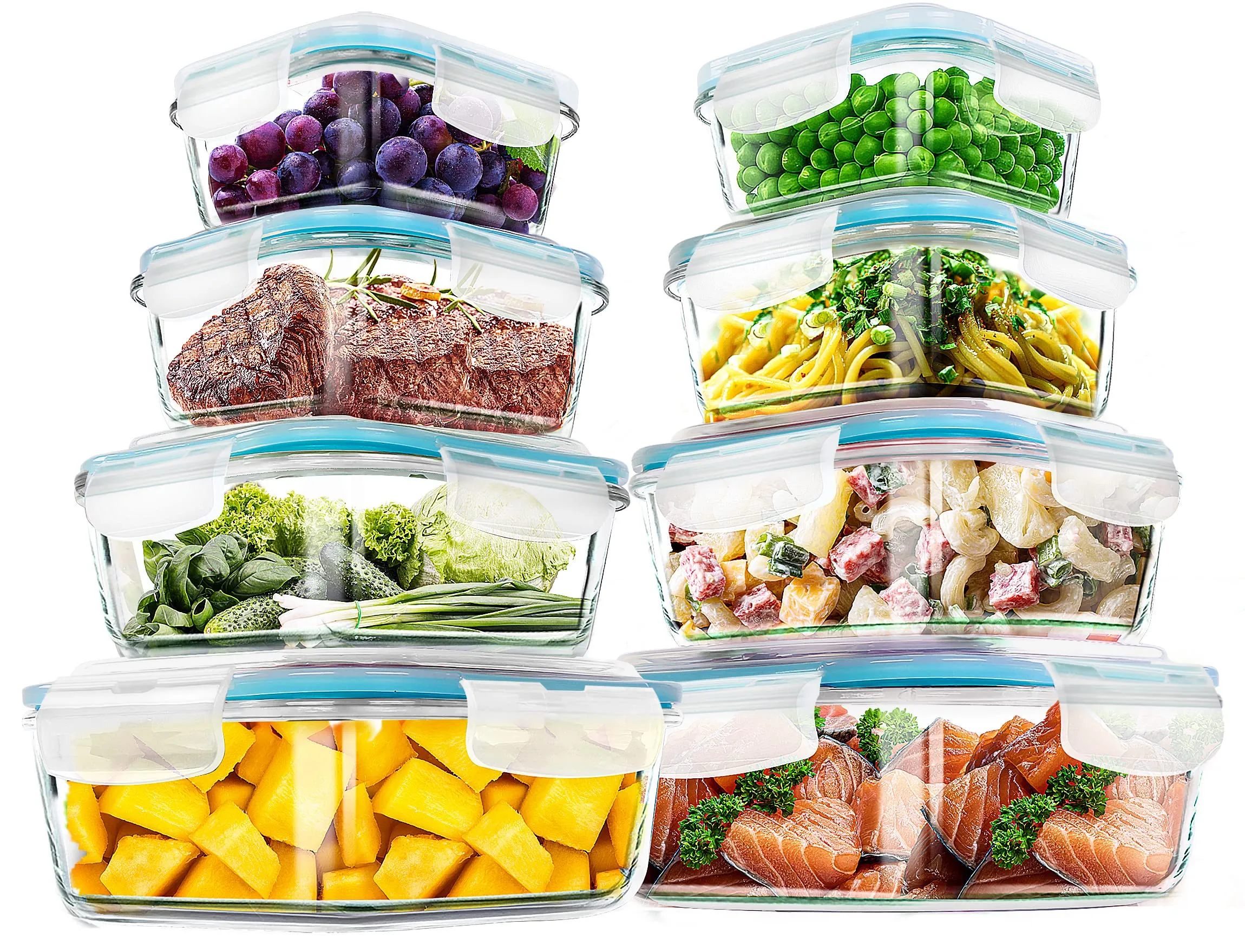 KICHLY Set di contenitori in vetro per alimenti, 16 pezzi (8 contenitori e 8 coperchi), Senza BPA - immagine 1
