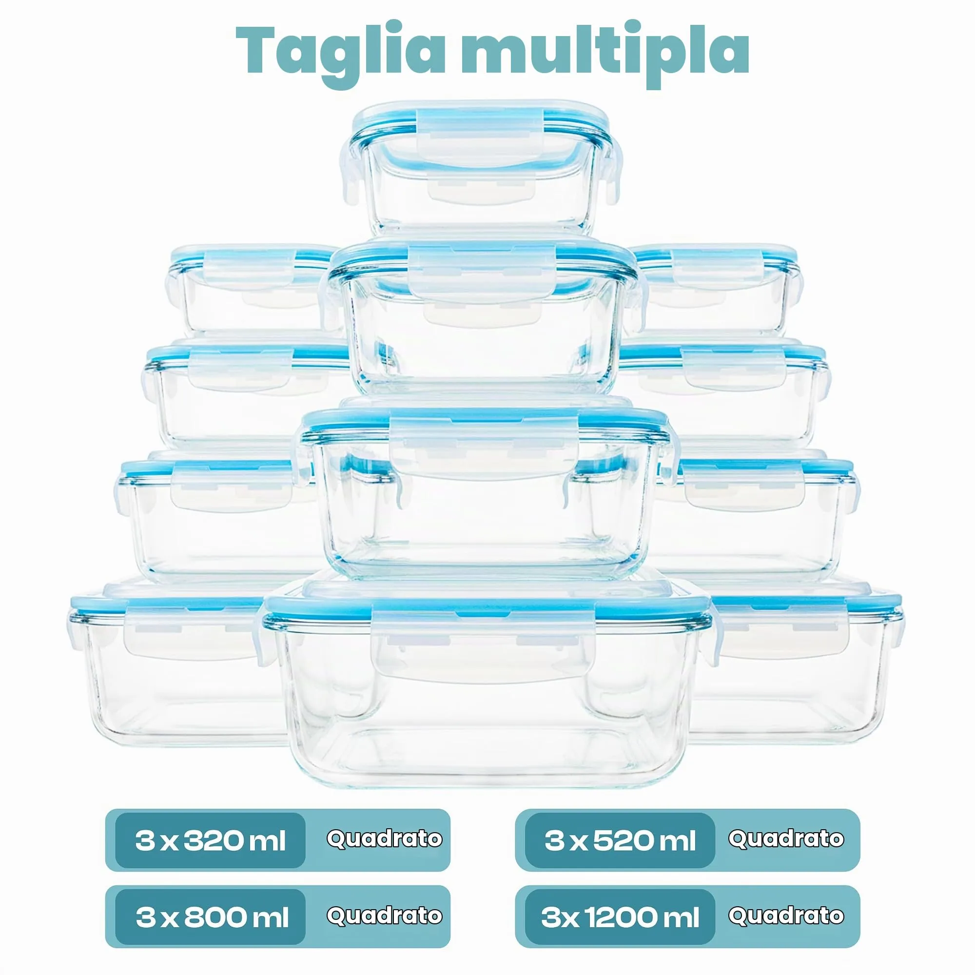 KICHLY Set di contenitori in vetro per alimenti, 24 pezzi (12 contenitori e 12 coperchi), Ermetici e Senza BPA - immagine 3