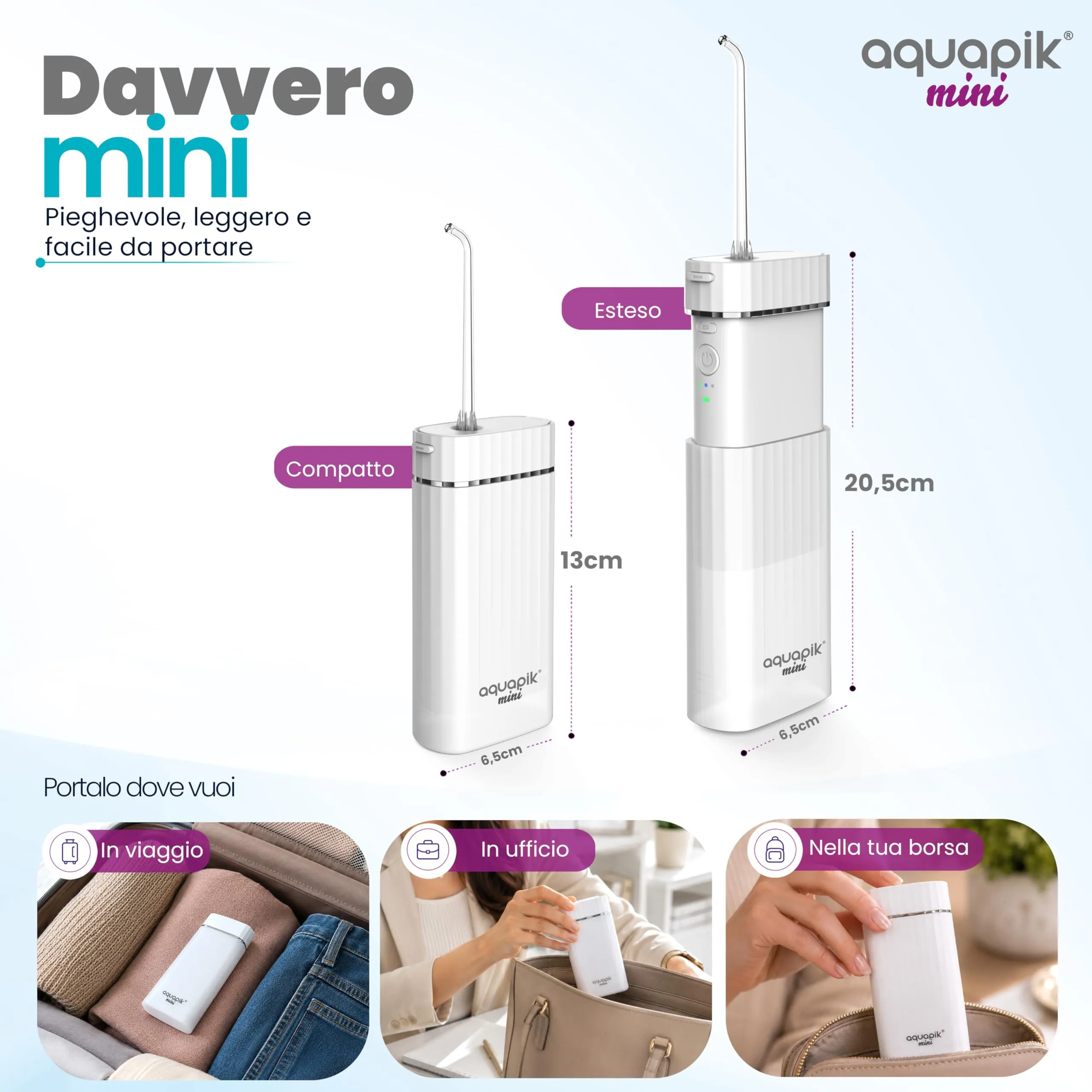 Boston Tech Aquapik Mini Idropulsore Dentale Portatile, Irrigatore Orale Senza Fili con Serbatoio Retrattile 140 ml, Ricaricabile USB-C, 3 Livelli di Intensità - immagine 3