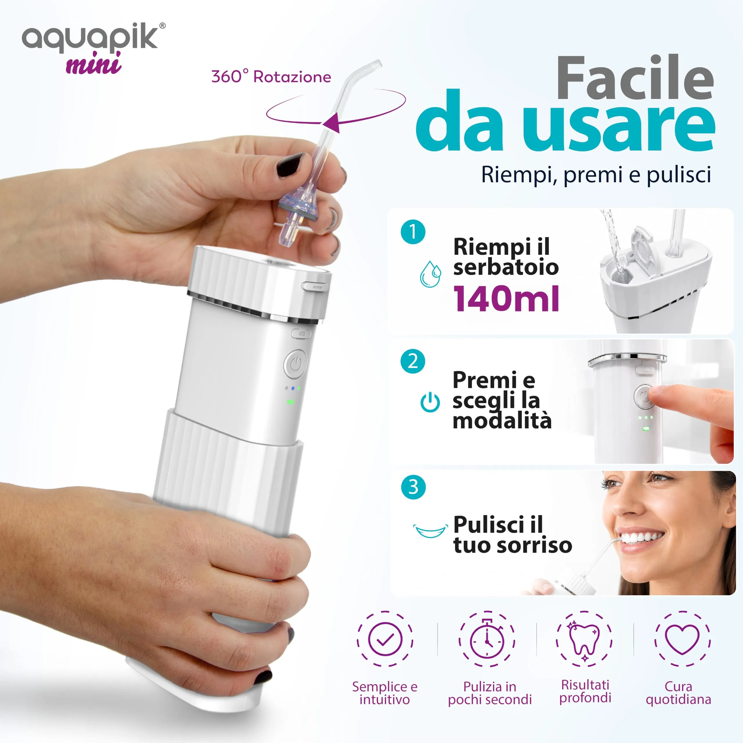 Boston Tech Aquapik Mini Idropulsore Dentale Portatile, Irrigatore Orale Senza Fili con Serbatoio Retrattile 140 ml, Ricaricabile USB-C, 3 Livelli di Intensità - immagine 4