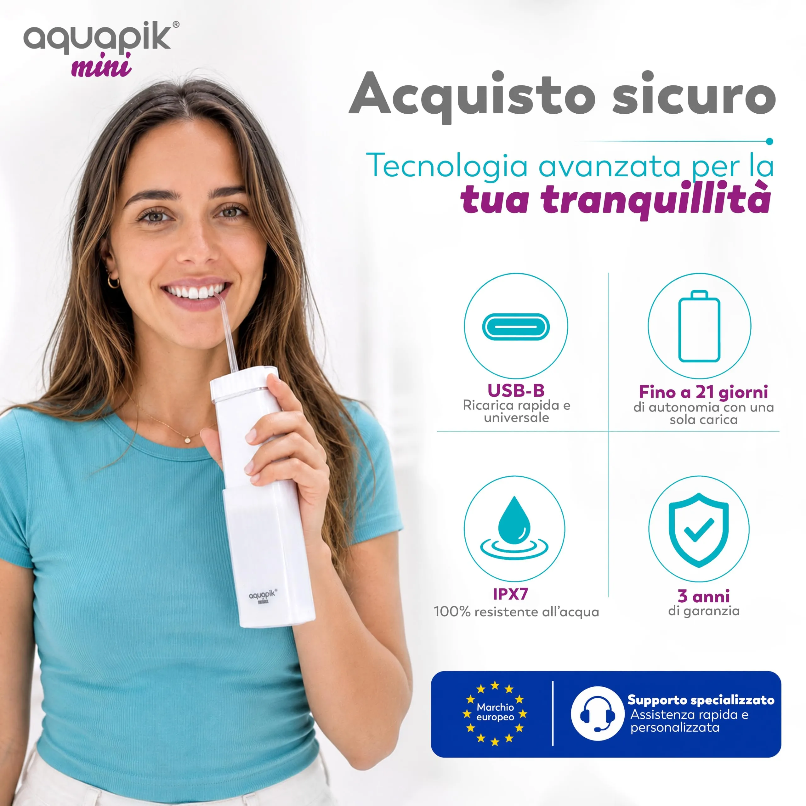 Boston Tech Aquapik Mini Idropulsore Dentale Portatile, Irrigatore Orale Senza Fili con Serbatoio Retrattile 140 ml, Ricaricabile USB-C, 3 Livelli di Intensità - immagine 7