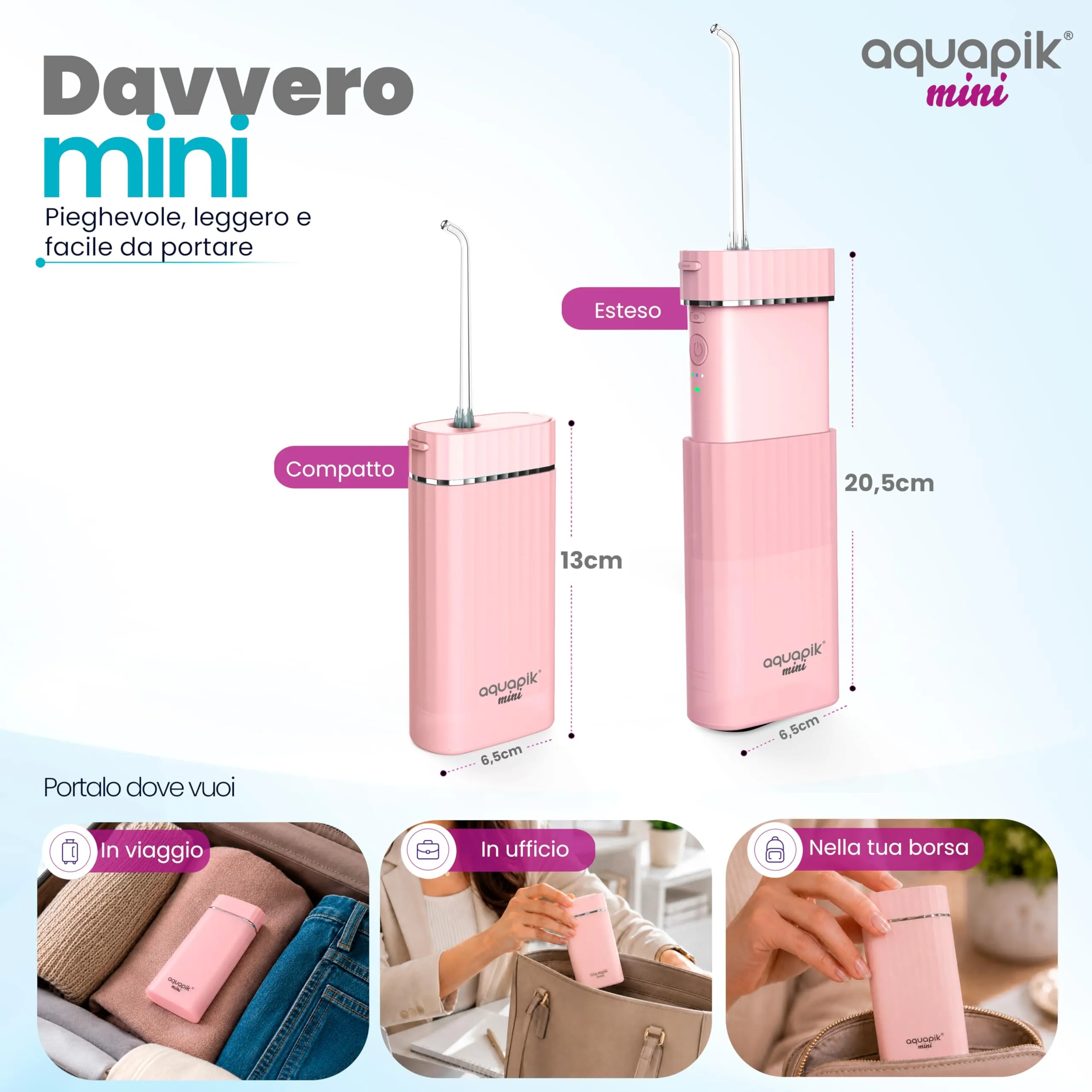 Boston Tech Aquapik Mini Idropulsore Dentale Portatile, Irrigatore Orale Senza Fili con Serbatoio Retrattile 140 ml, Ricaricabile USB-C, 3 Livelli di Intensità - immagine 3