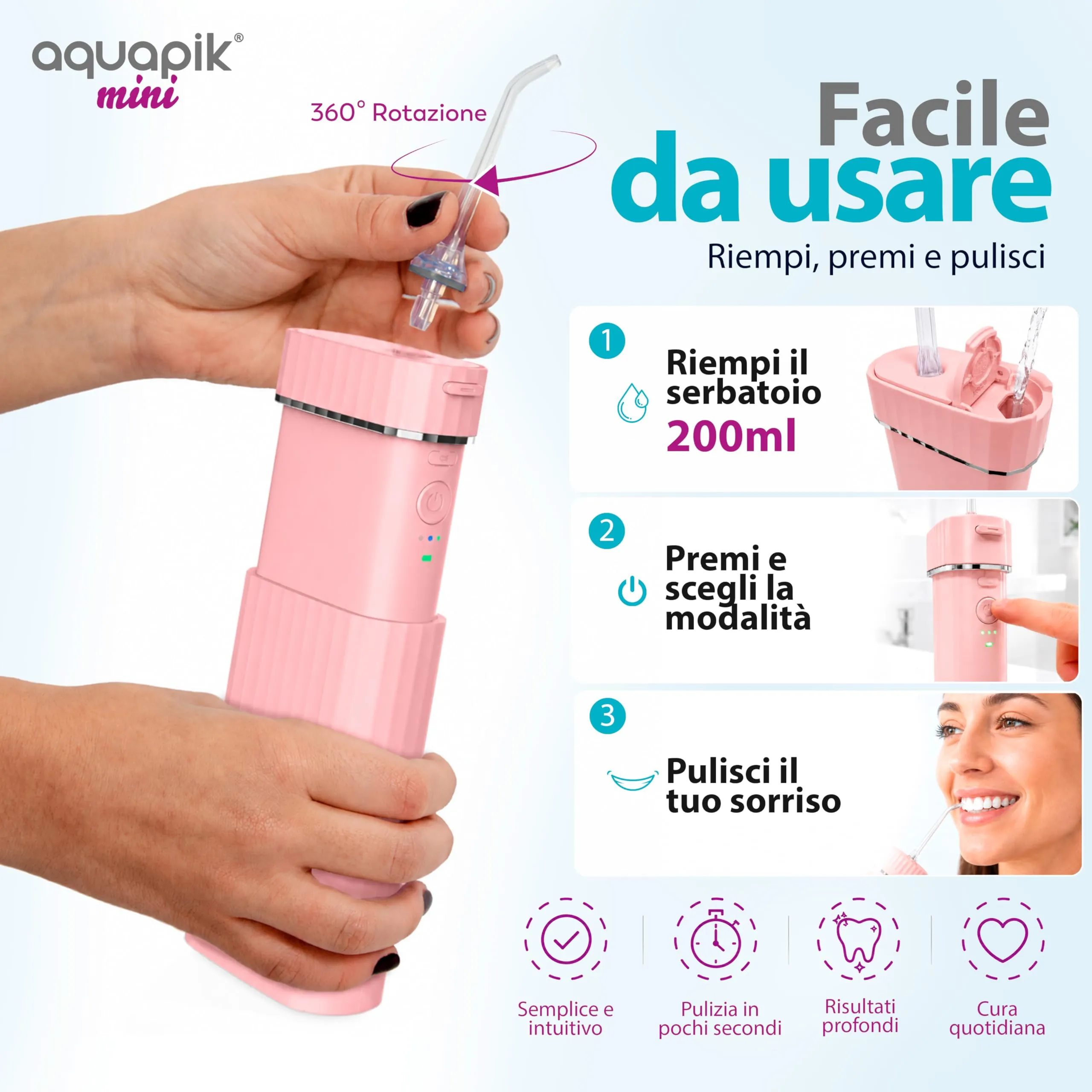Boston Tech Aquapik Mini Idropulsore Dentale Portatile, Irrigatore Orale Senza Fili con Serbatoio Retrattile 140 ml, Ricaricabile USB-C, 3 Livelli di Intensità - immagine 4