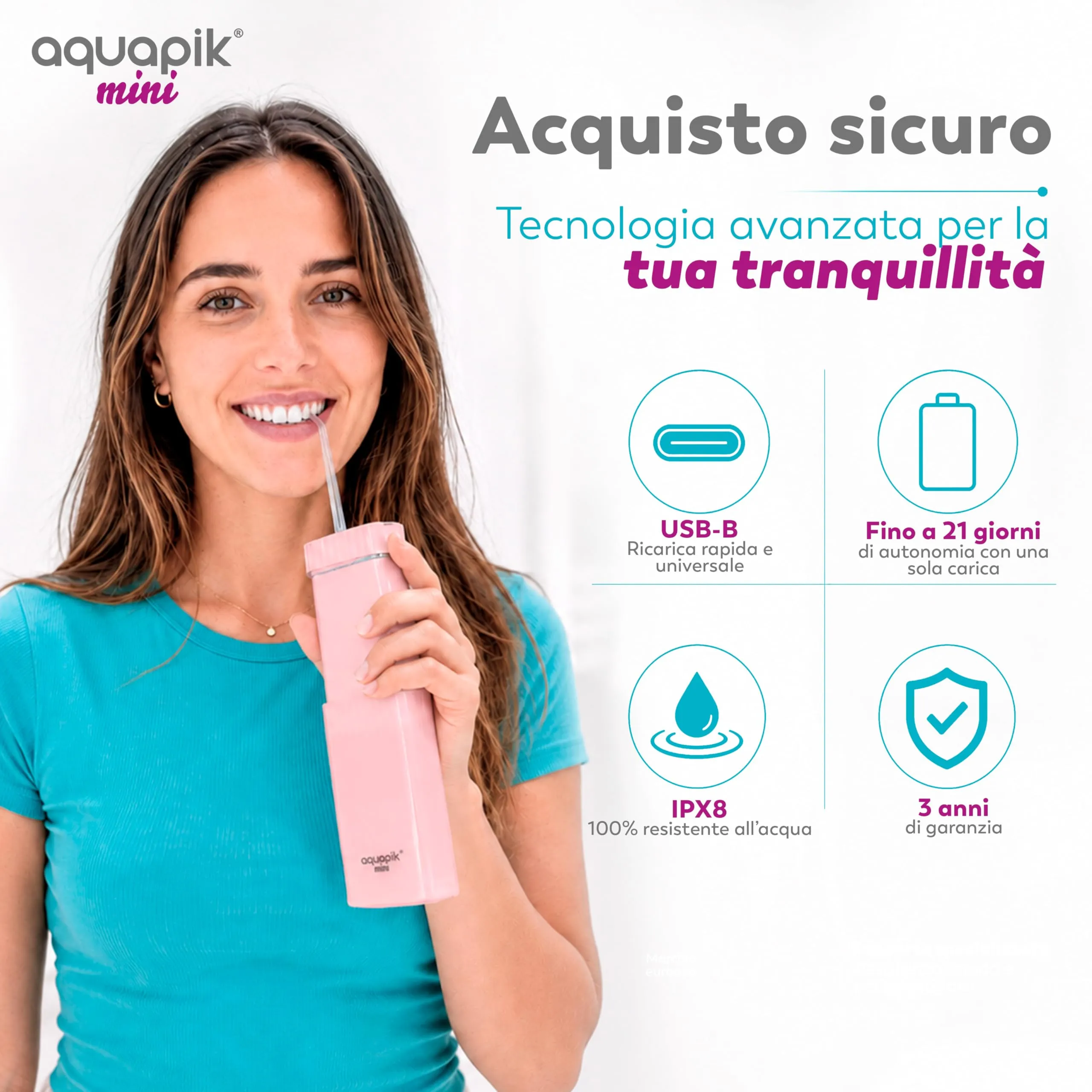 Boston Tech Aquapik Mini Idropulsore Dentale Portatile, Irrigatore Orale Senza Fili con Serbatoio Retrattile 140 ml, Ricaricabile USB-C, 3 Livelli di Intensità - immagine 7