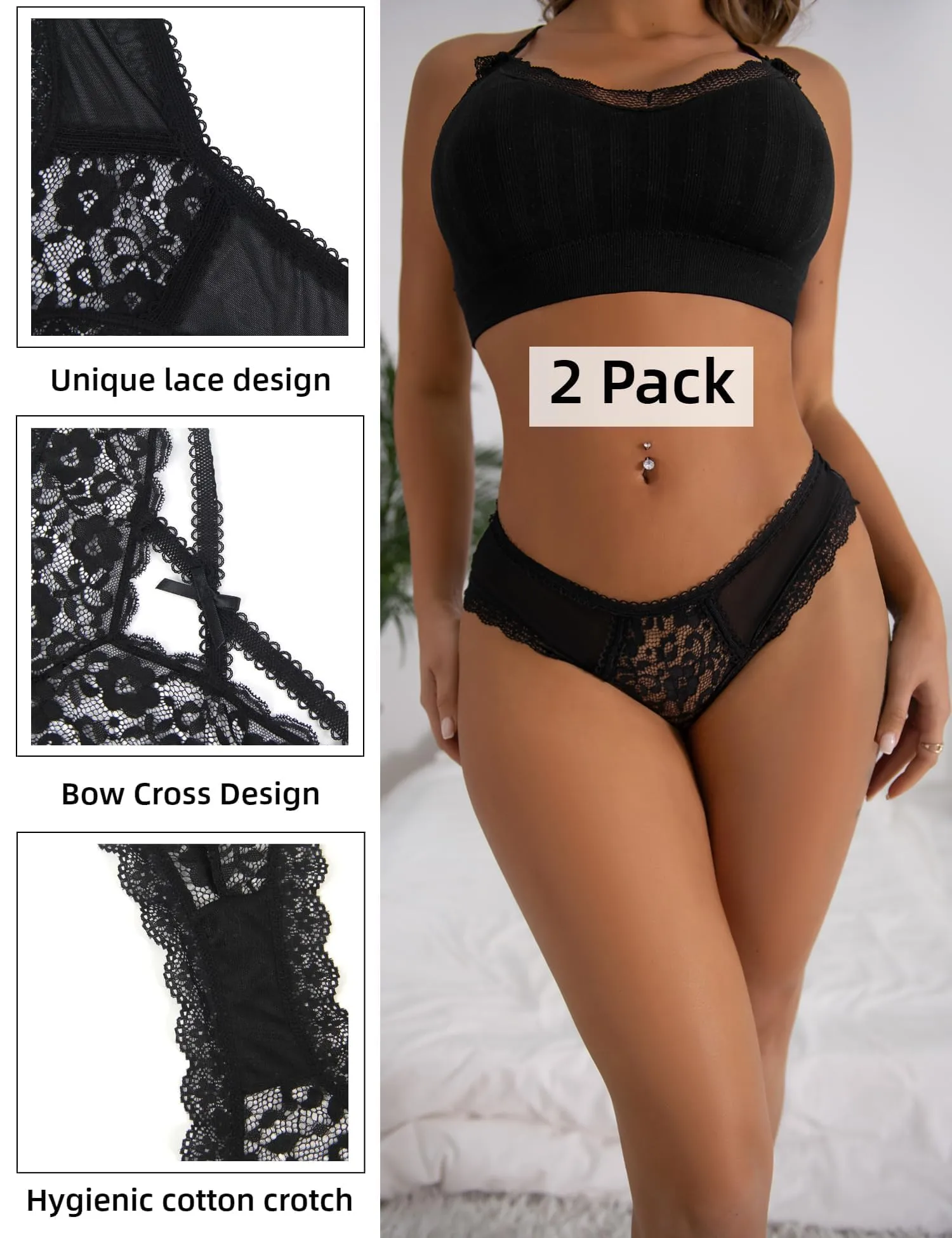ohmydear Perizoma Donna in Pizzo Vita Bassa, Set da 2 Pezzi, Modello Tanga Slip - immagine 5