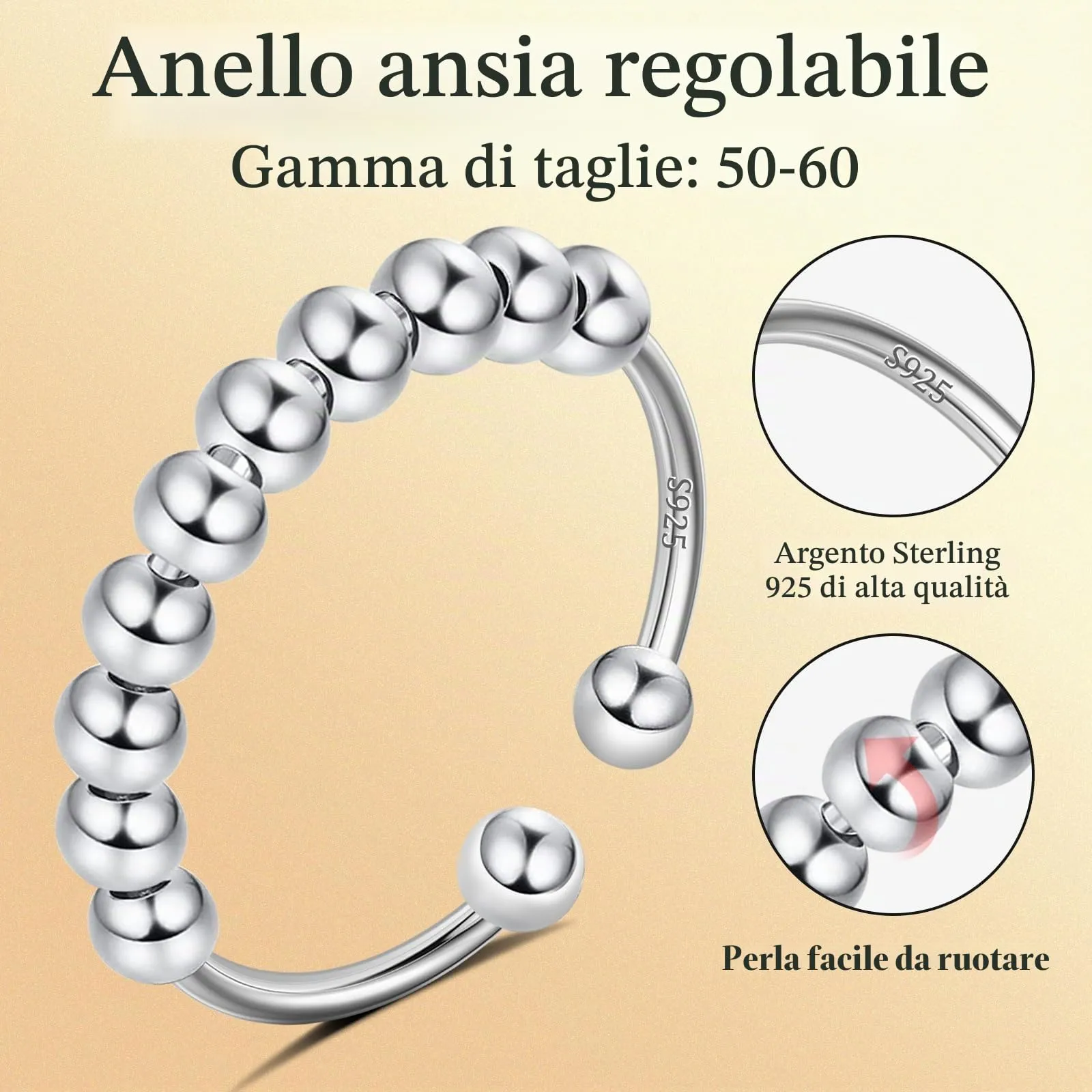 Ahokei Anello Antistress in Argento 925 Regolabile da Donna - immagine 2