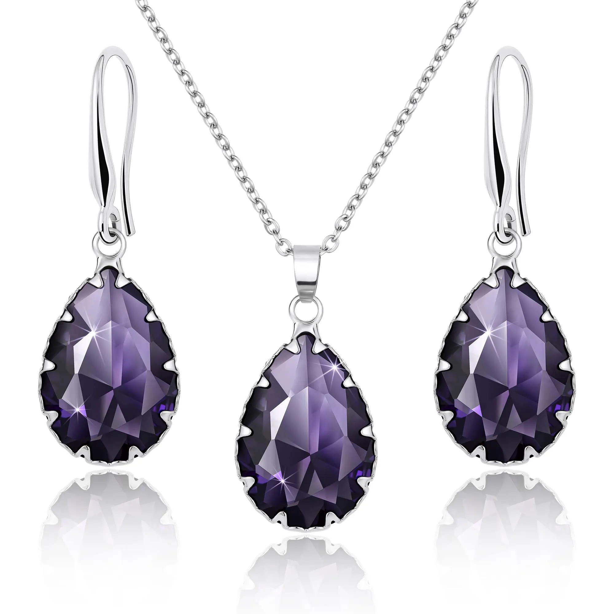 Linawe Set di gioielli in ametista con collana e orecchini pendenti, argento e acciaio inossidabile - immagine 1