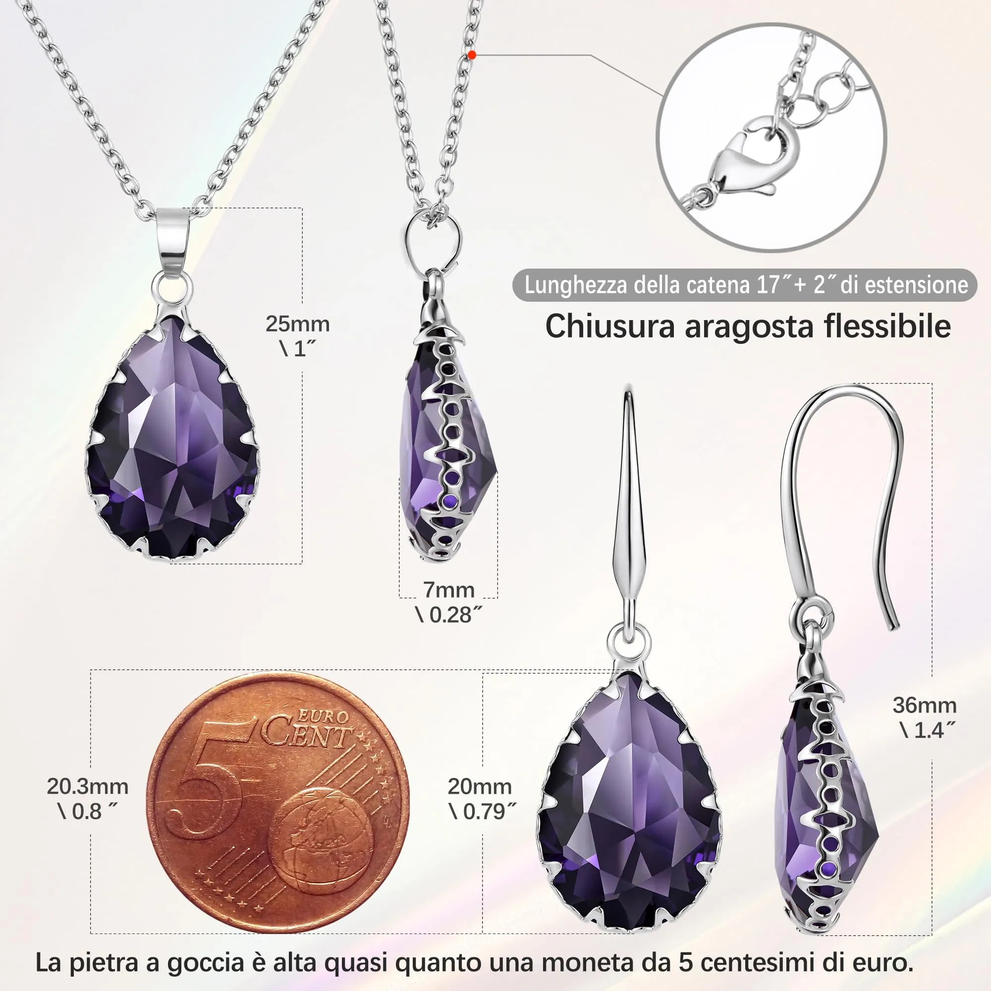Linawe Set di gioielli in ametista con collana e orecchini pendenti, argento e acciaio inossidabile - immagine 4