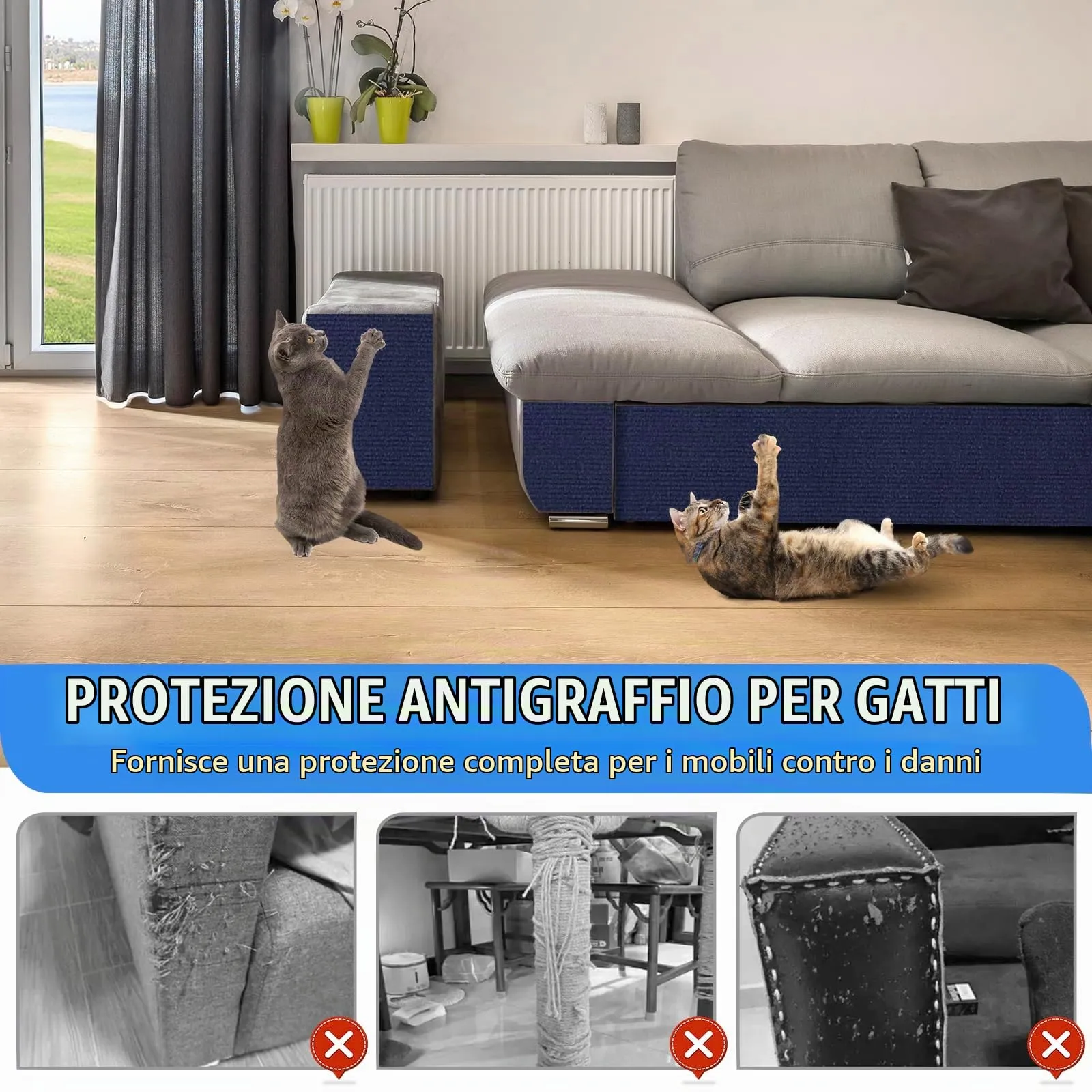 LSGCQ Tappeto Tiragraffi Adesivo per Gatti Protezione Divano, Blu Scuro, 40×300cm - immagine 6