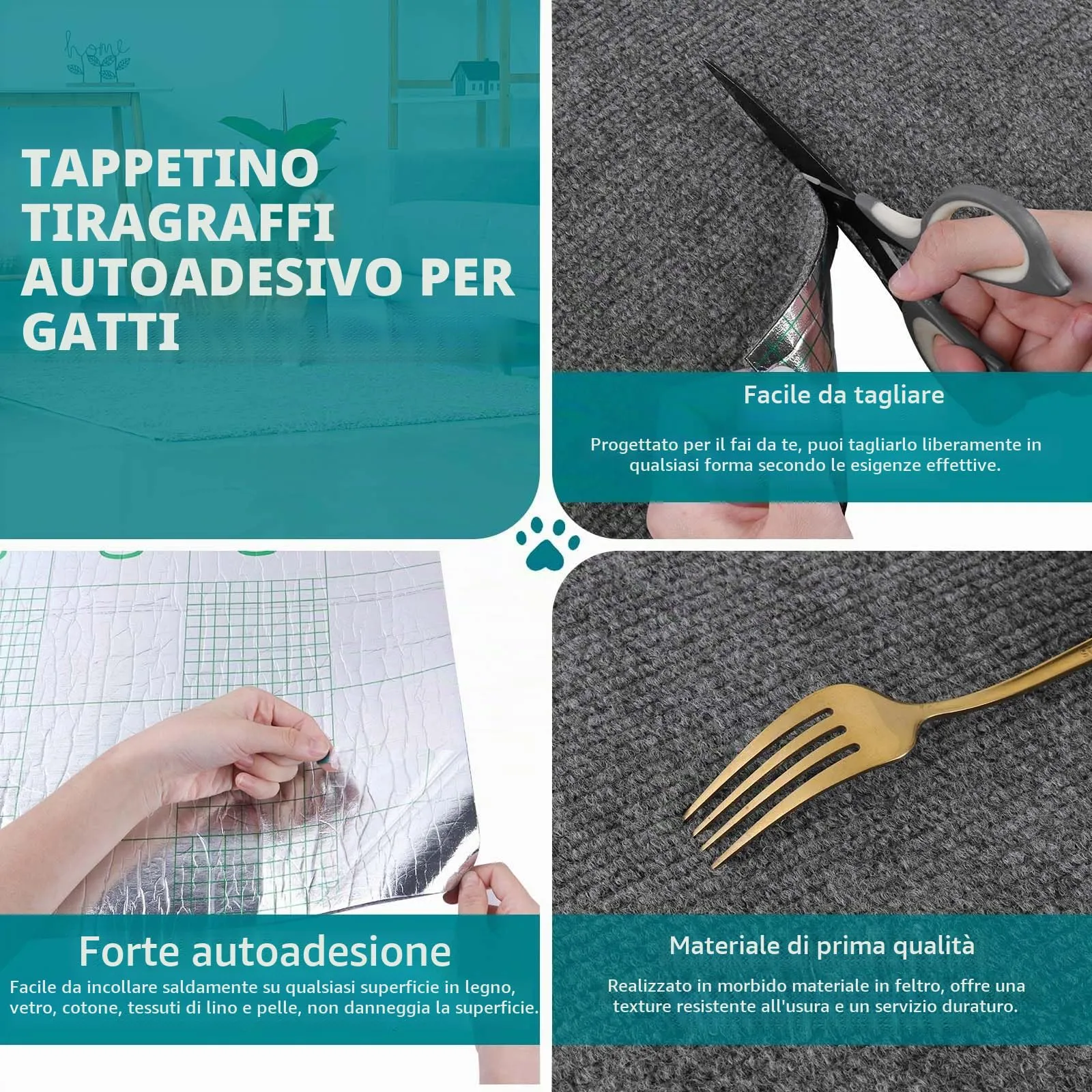 LSGCQ Tappeto Tiragraffi Adesivo Protezione Divano per Gatti, Grigio Scuro, 40×300cm - immagine 3
