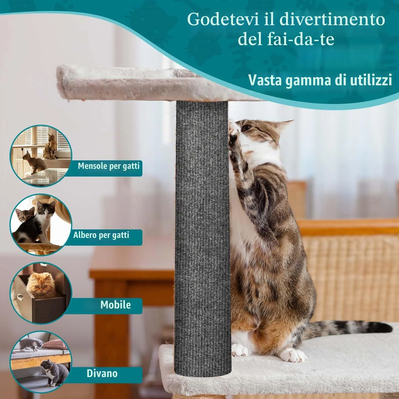 LSGCQ Tappeto Tiragraffi Adesivo Protezione Divano per Gatti, Grigio Scuro, 40×300cm - immagine 4