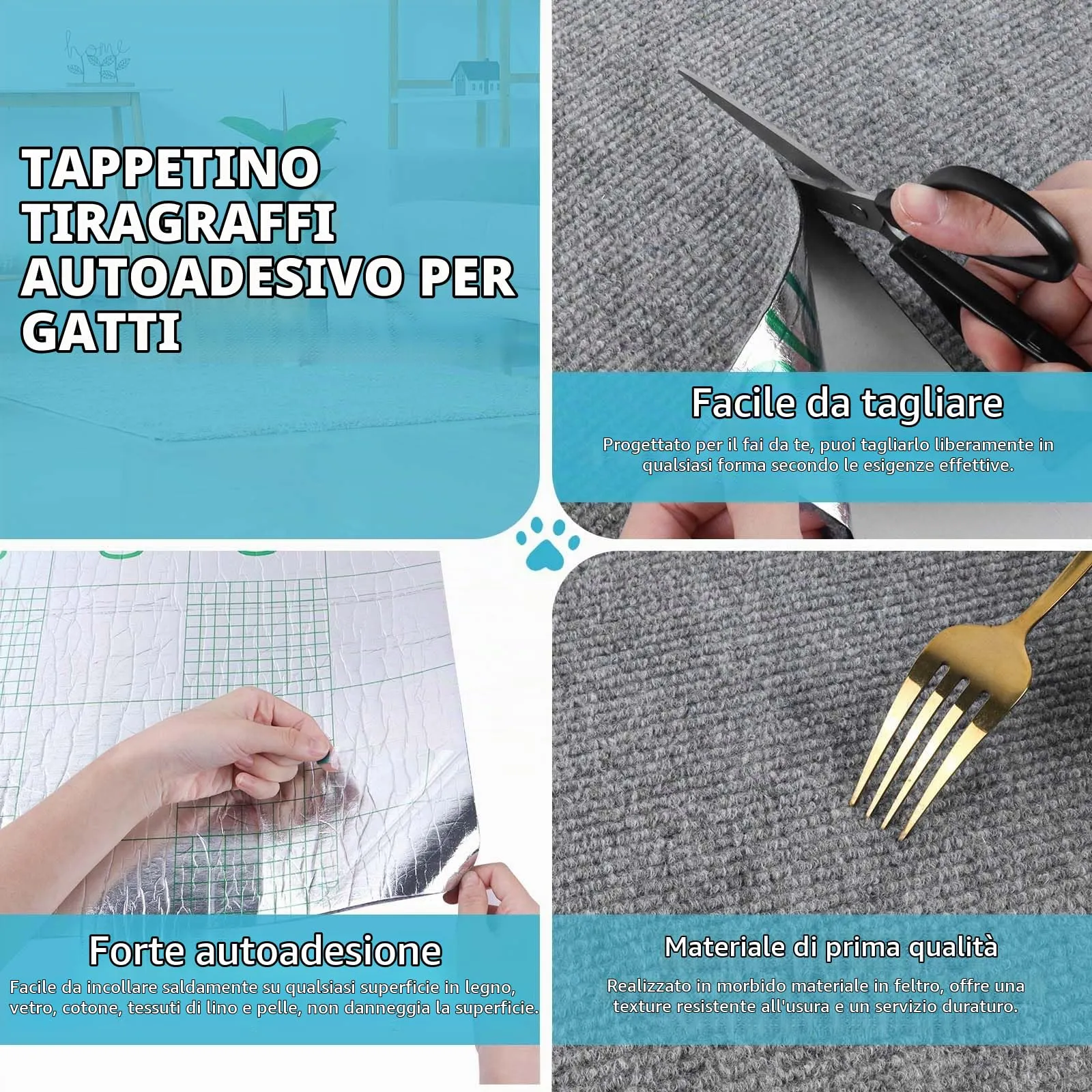 LSGCQ Tappeto Tiragraffi Autoadesivo per Gatti Protezione Divano (Grigio Chiaro, 40×300cm) - immagine 3
