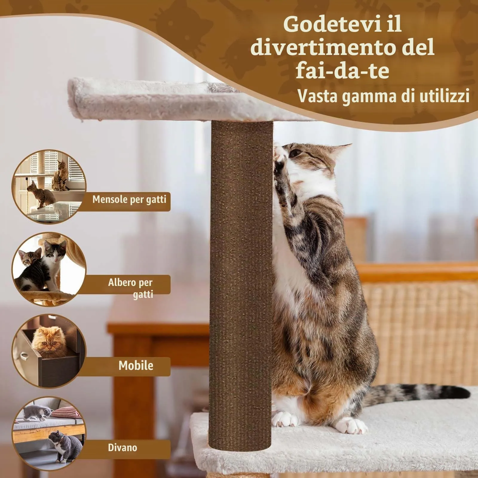 LSGCQ Tappeto Tiragraffi Adesivo Protezione Divano per Gatti, Marrone, 40×300cm - immagine 4
