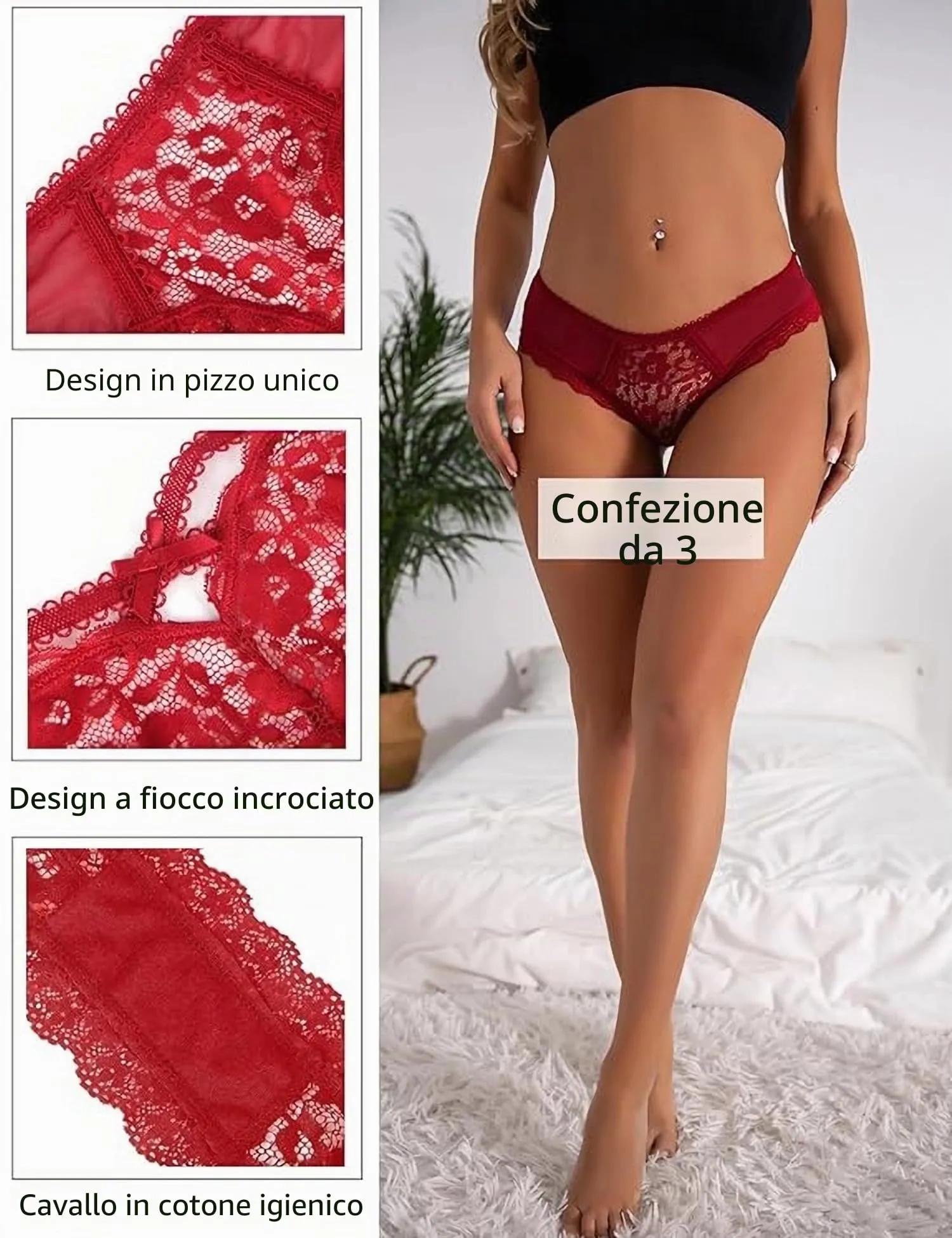 ohmydear Perizoma in Pizzo Vita Bassa, Set da 3 Pezzi, Modello Tanga Slip - immagine 4