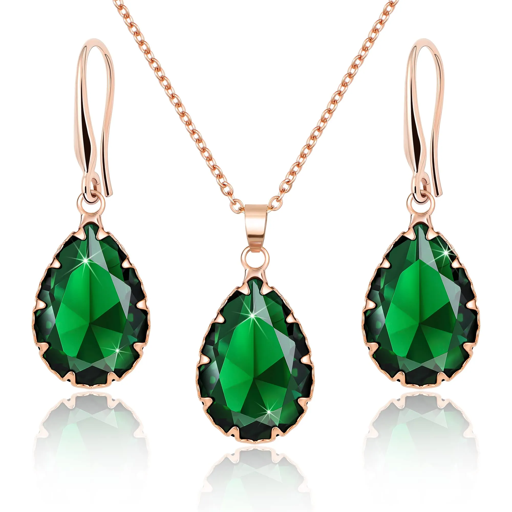 Linawe Set di gioielli verde smeraldo, collana con ciondolo e orecchini pendenti in oro rosa - immagine 1
