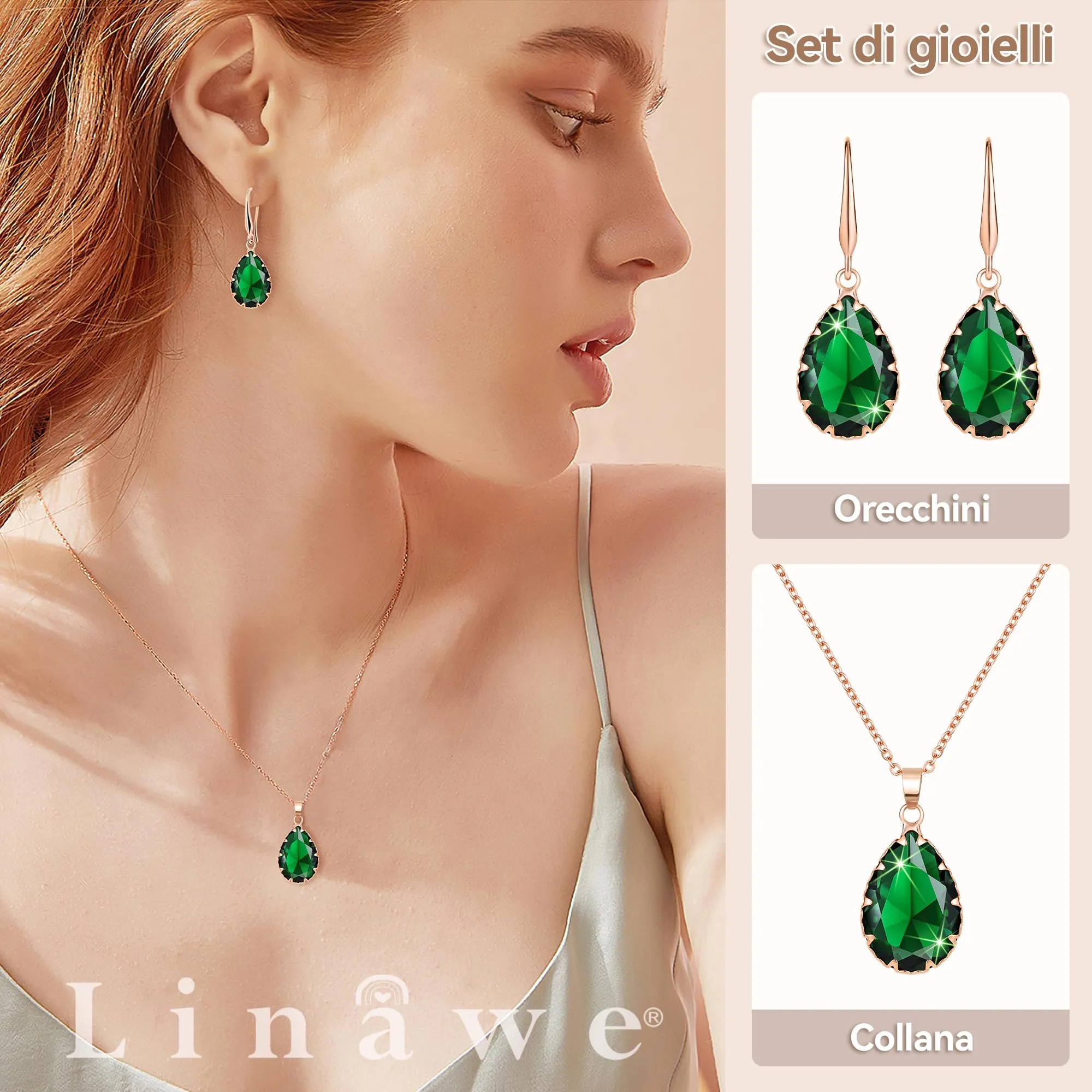Linawe Set di gioielli verde smeraldo, collana con ciondolo e orecchini pendenti in oro rosa - immagine 2