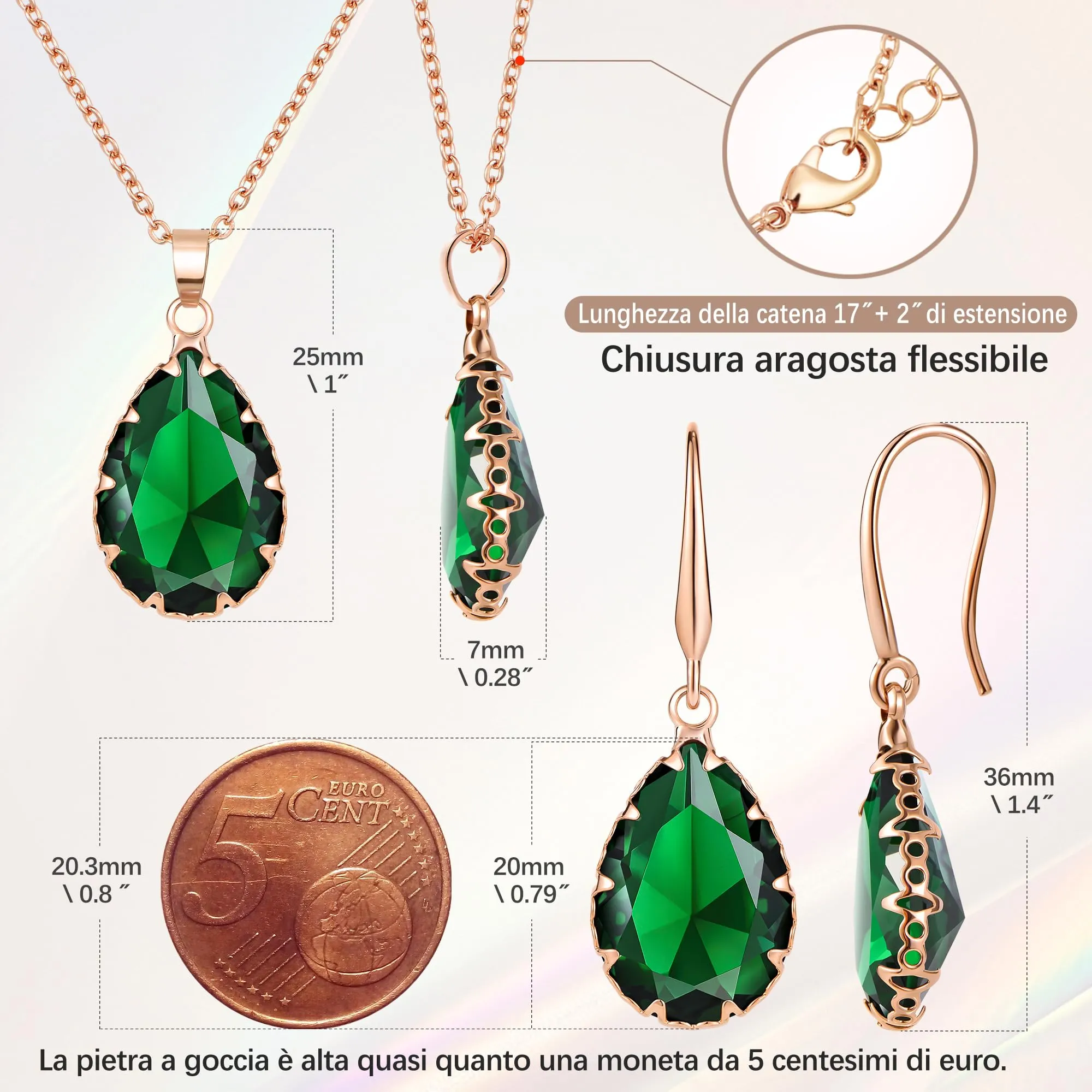 Linawe Set di gioielli verde smeraldo, collana con ciondolo e orecchini pendenti in oro rosa - immagine 4