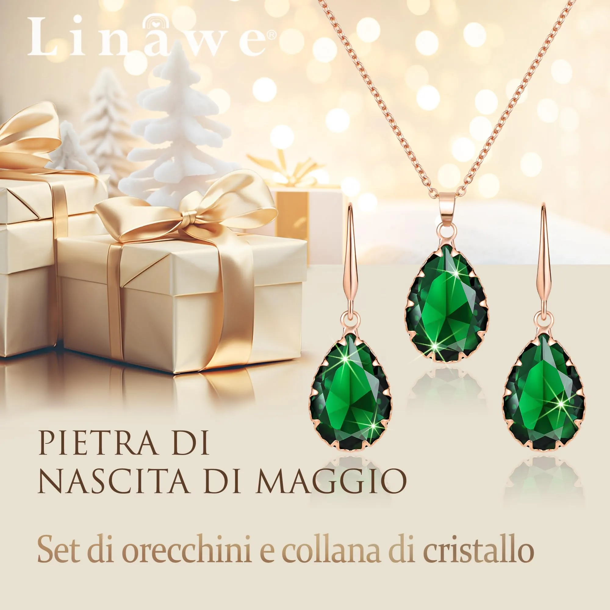 Linawe Set di gioielli verde smeraldo, collana con ciondolo e orecchini pendenti in oro rosa - immagine 5