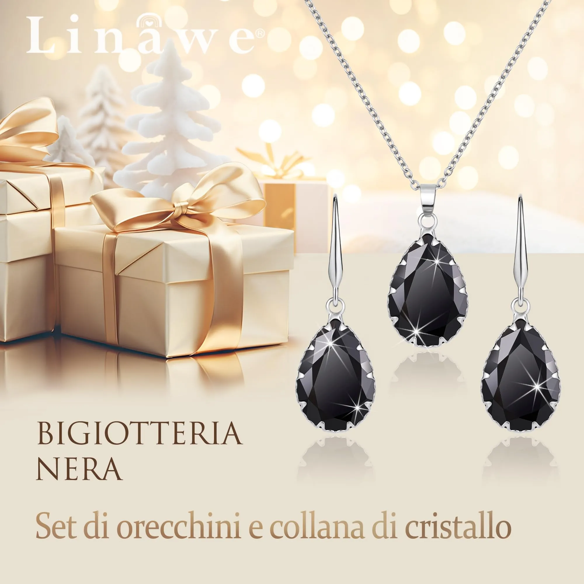 Linawe Set di Gioielli Nero per Donna, Collana a Catena con Ciondolo e Orecchini Pendenti in Argento - immagine 5