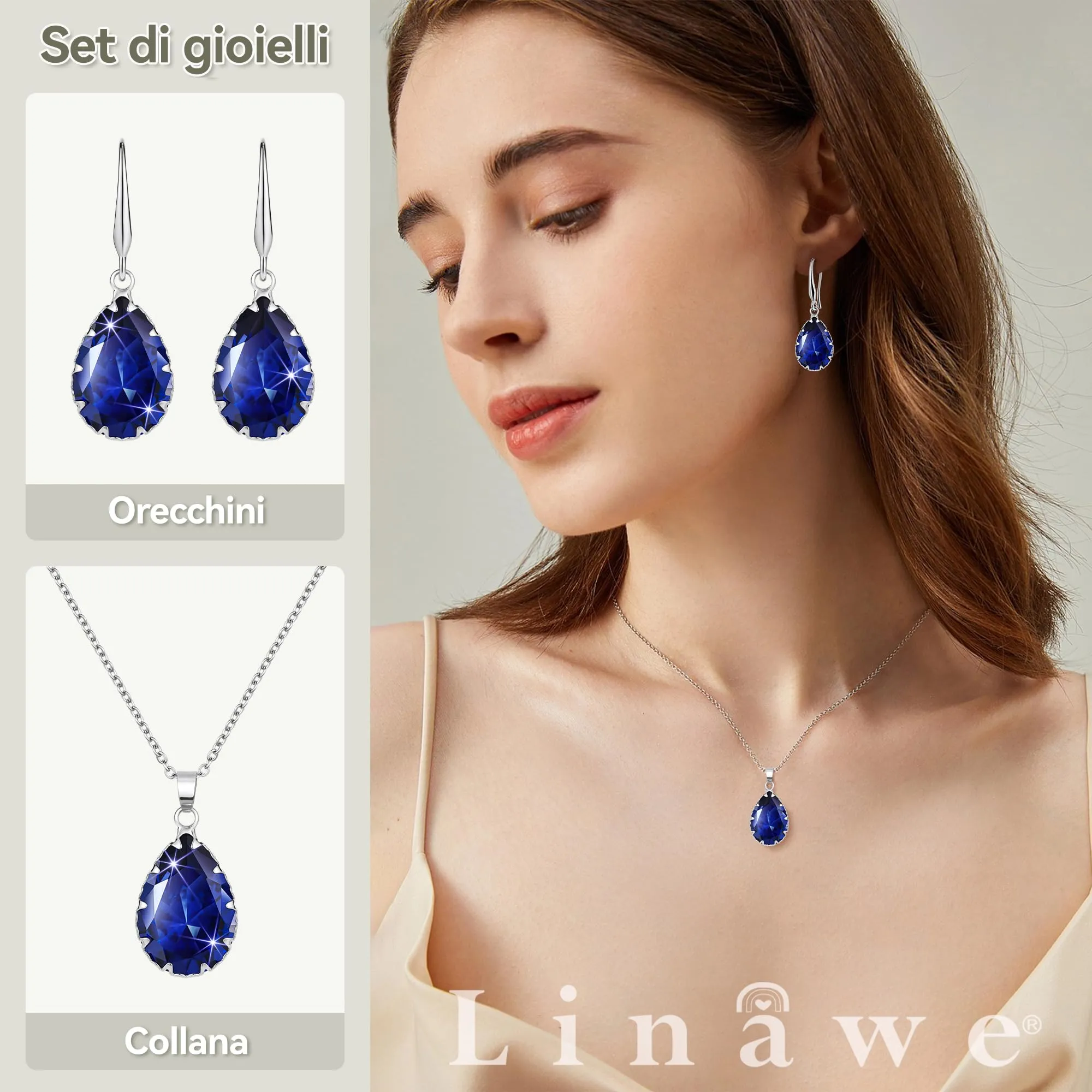 Linawe Set di Gioielli in Zaffiro con Collana e Orecchini Pendenti in Argento - immagine 2