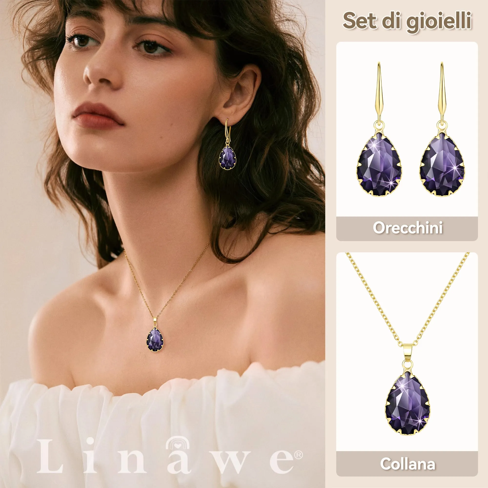 Linawe Set di Gioielli Viola con Collana e Orecchini in Oro e Ametista - immagine 2